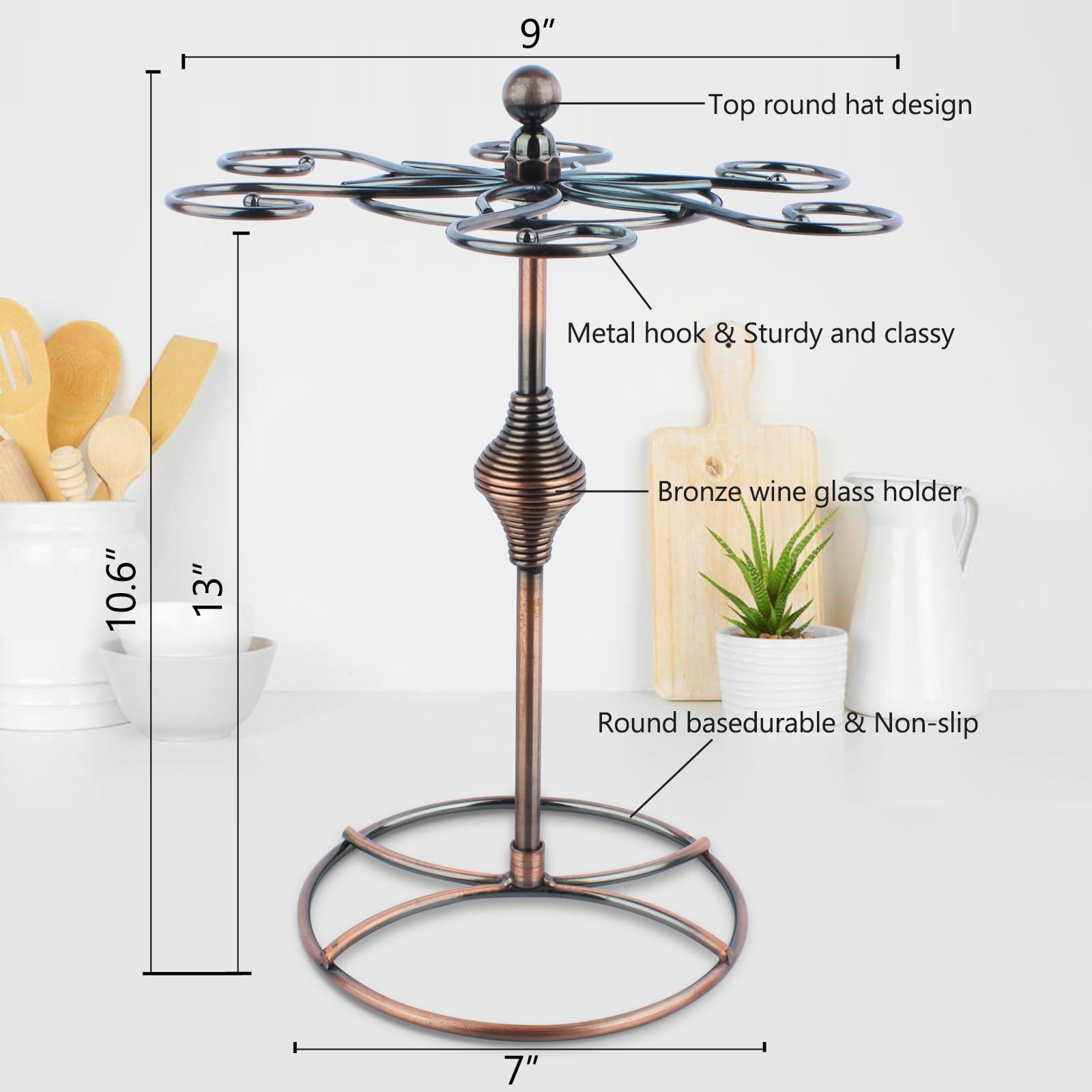 Freestanding Wine Glass Holder Rack - Holds 6 Glasses Upside Down, Silver Metal Drying & Storage Stand
