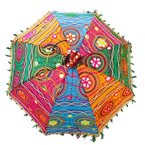 Bohemian Handmade Design, Cotton Multi Color Embrodiery Sun Umbrella Parasol 24 Inches (PINK, FOREST GREEN, CYAN, ORANGE)