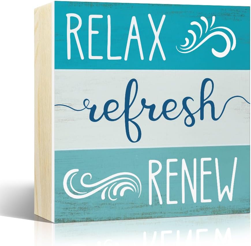 Relax Refresh Renew Wooden Box Sign, Funny Vintage Chic Office Wood Decor for Coworker, Wooden Box Sign Plaque for Home Bathroom Toilet Laundry Room, Housewarming Gifts For Family Friend