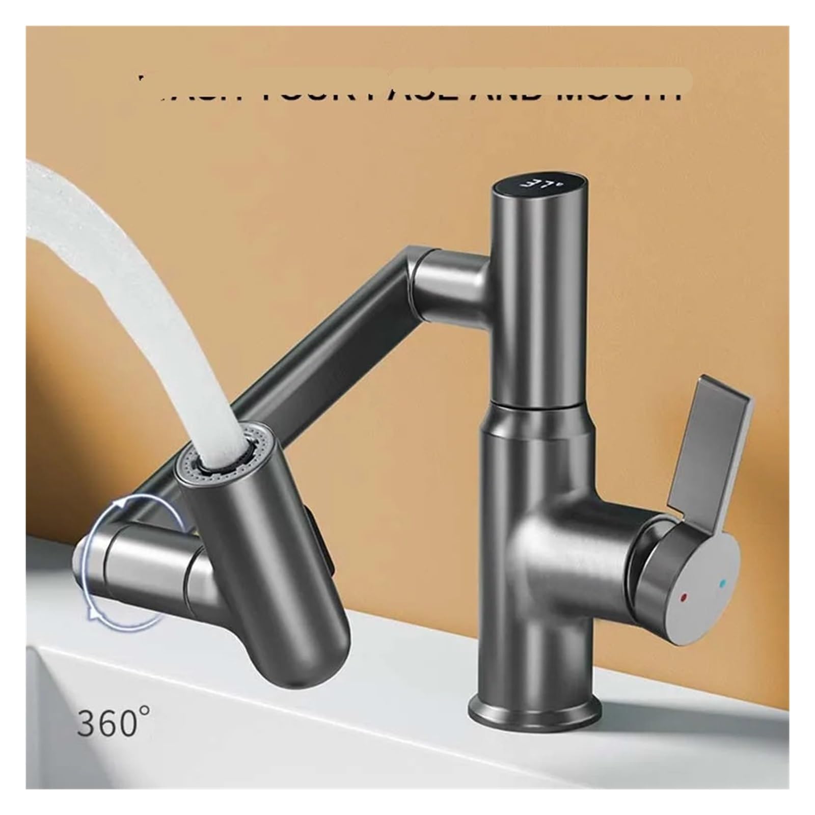 Grifo de lavabo extraíble giratorio de 360° con mezclador de agua caliente y fría, montaje en encimera, pistola de pantalla digital, gris, grifo moderno para lavabo de baño para estilo y funcionalidad