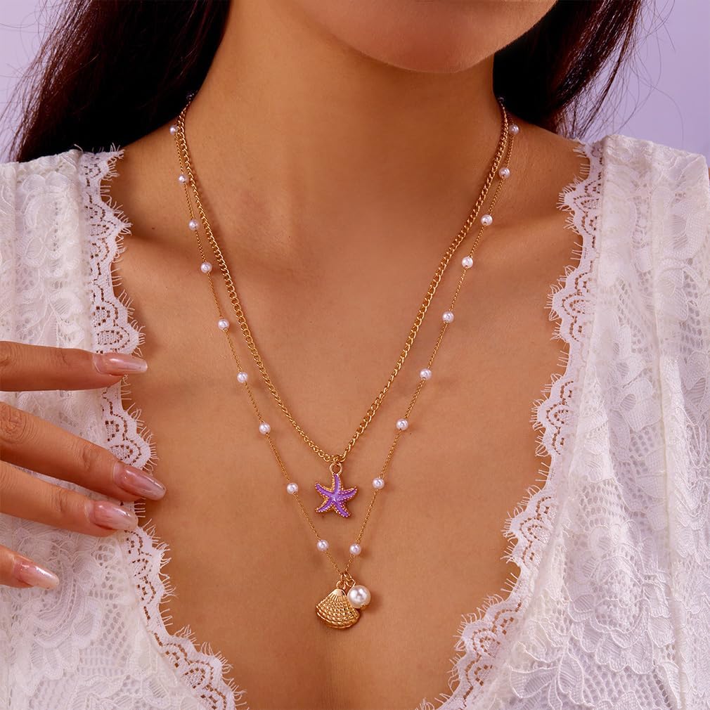 Boho Layered Pearl Seashell Necklace for Women Dainty Long Layering Pearls Starfish Choker Star Shell Statement Necklaces Trendy Beach Vacation Jewelry - Image 6