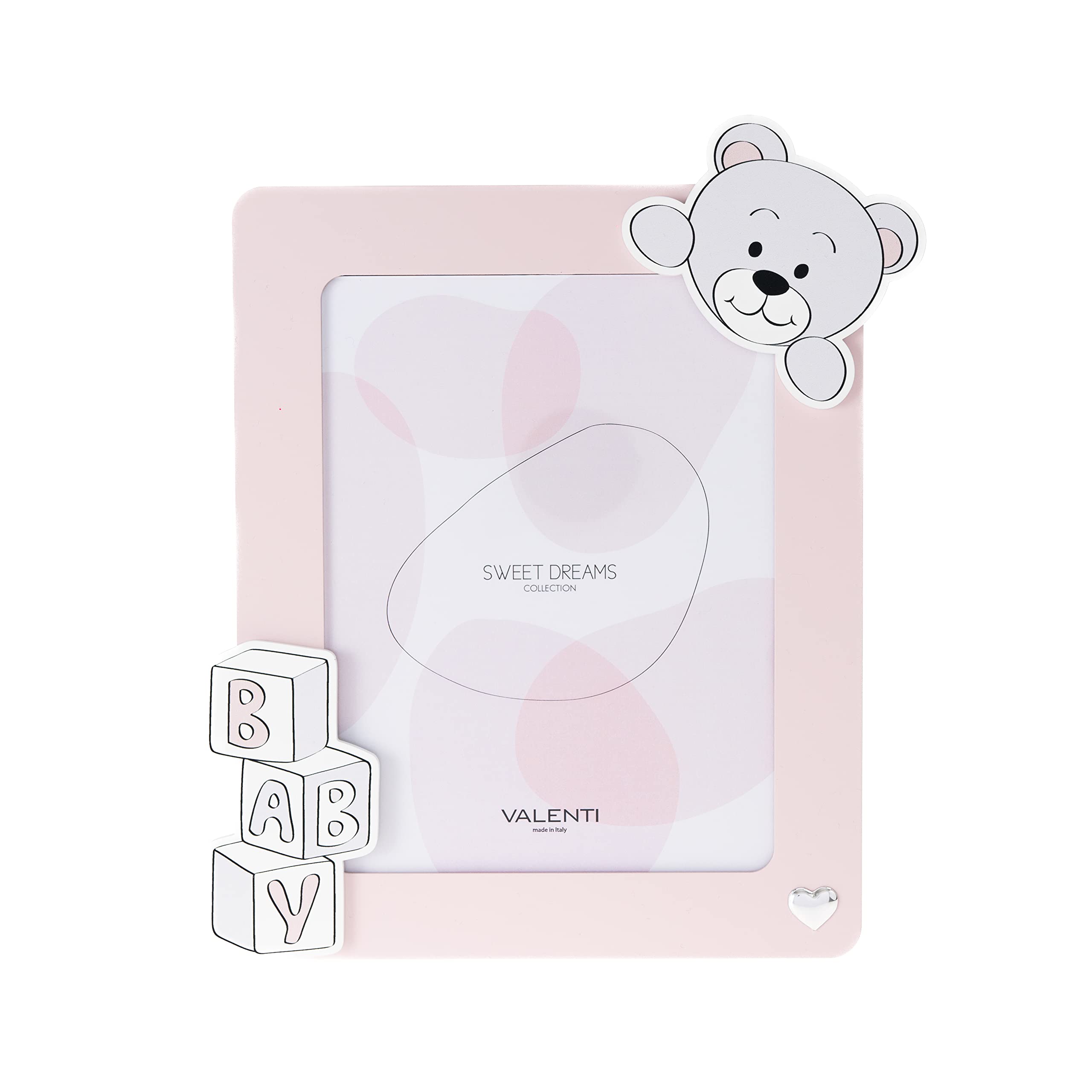 VALENTI & CO. Pink Wooden Photo Frame with Bear, Table or Hanging as a Decoration in the Bedroom, Gift Idea for Newborn and Child - 18x24