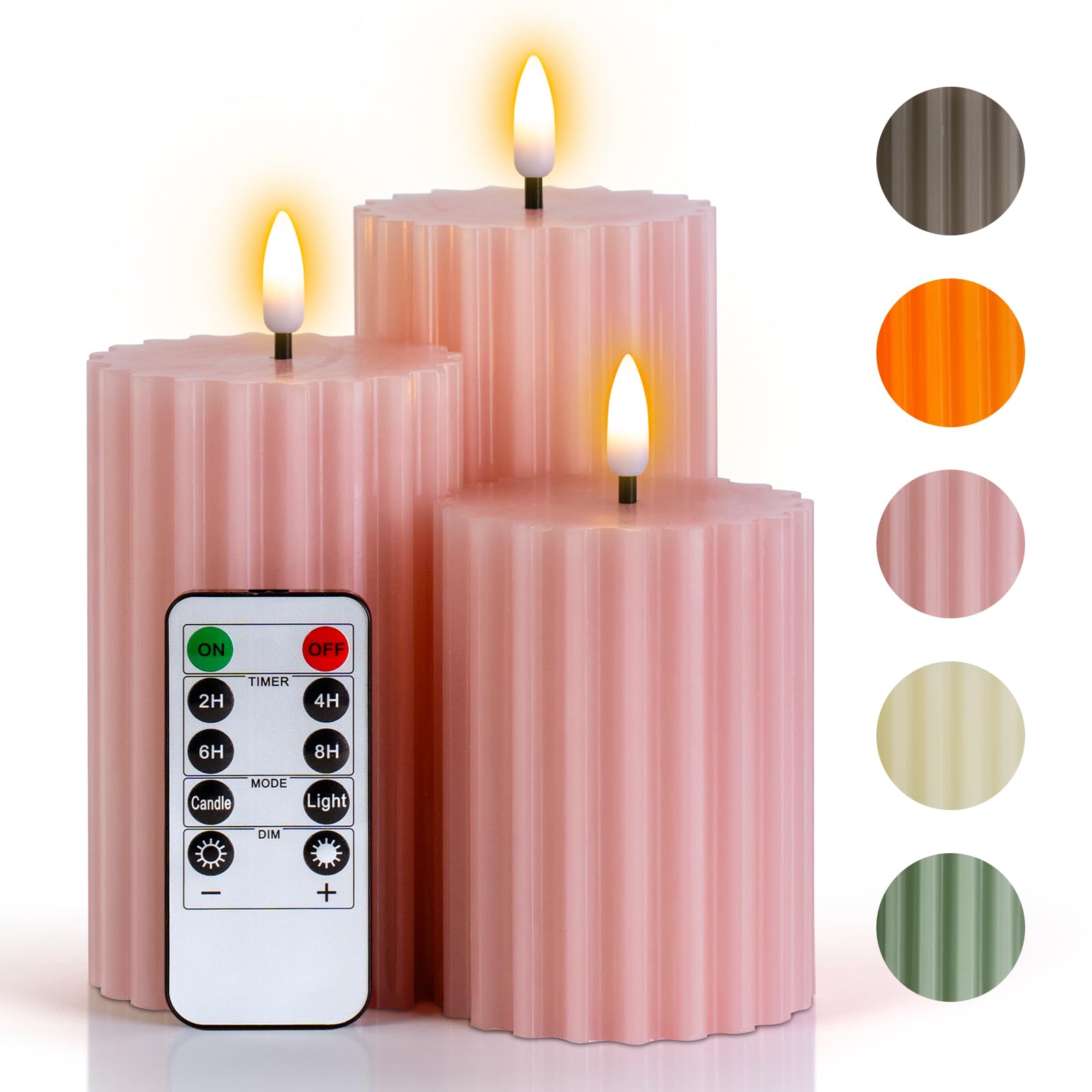Yongmao Flameless Pillar Candles Stripe Design with Remote Timer, Pink LED Battery Operated Real Wax Candles Warm Light 3D Wick Flickering for Home Party Wedding Decor D 3" H 4" 5" 6"(Set of 3)