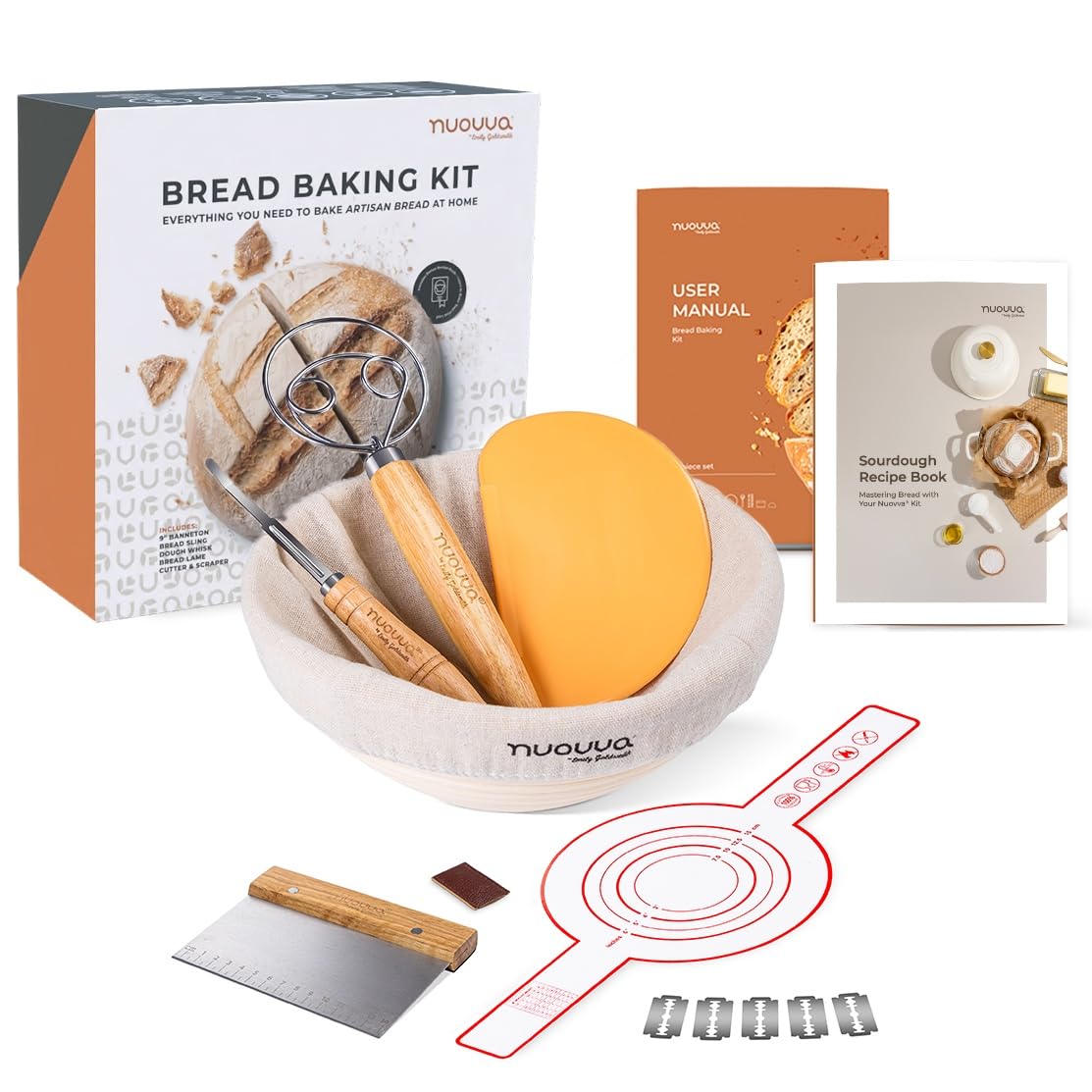 nuovva Sourdough Starter Kit โ 12pcs Artisan Bread Making Accessories โ Handcrafted 9 inch Round Rattan Bread Proofing Basket โ Baking Accessories for Kitchen โ Includes User Manual & Recipe Book