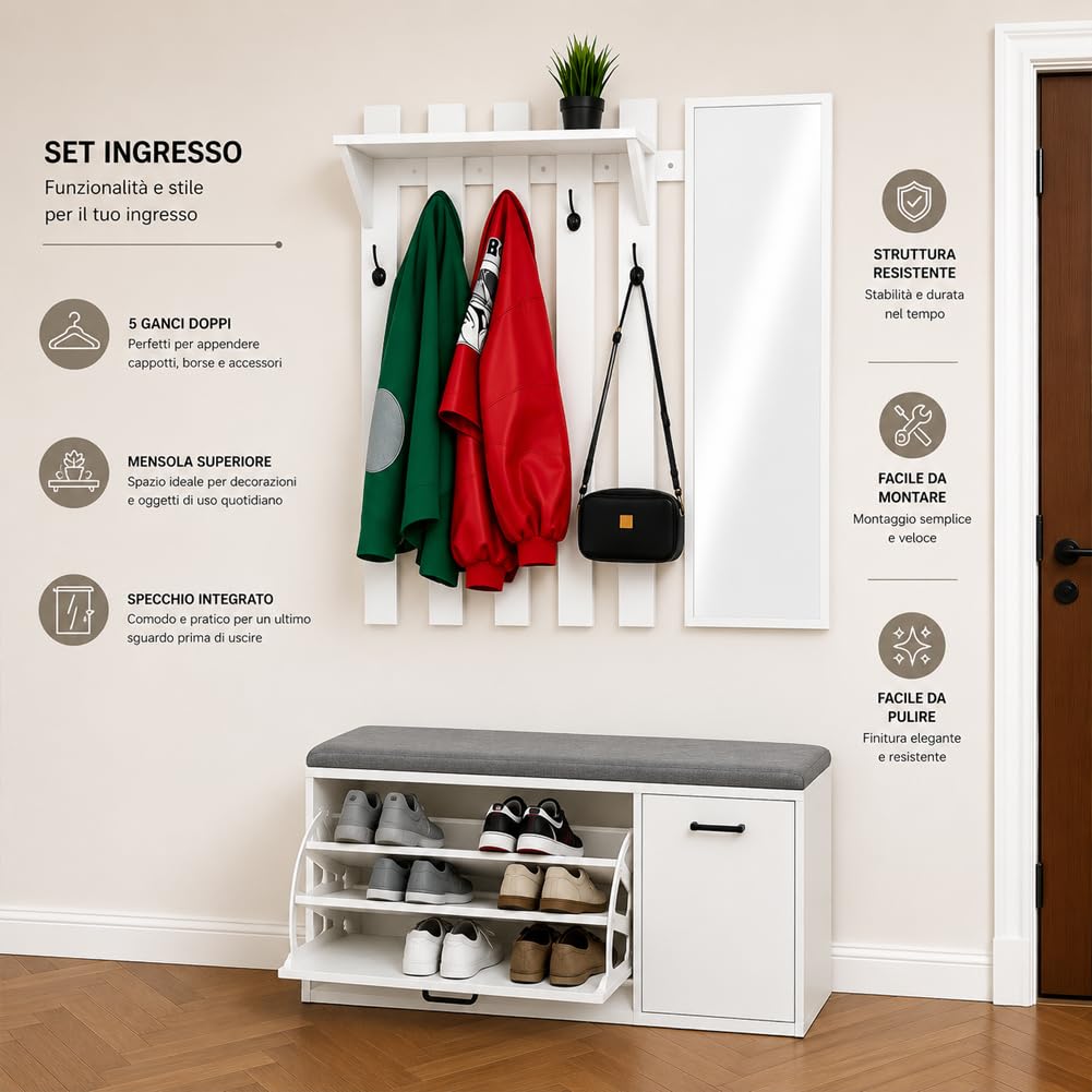 Shally Dogan Set Ingresso con Scarpiera, Appendiabiti e Specchio, Attaccapanni con 5 Ganci Doppi, Mobile Porta Scarpe con Anta e Maniglia Ergonomica, Arredo Salvaspazio Struttura Resistente (Bianco)