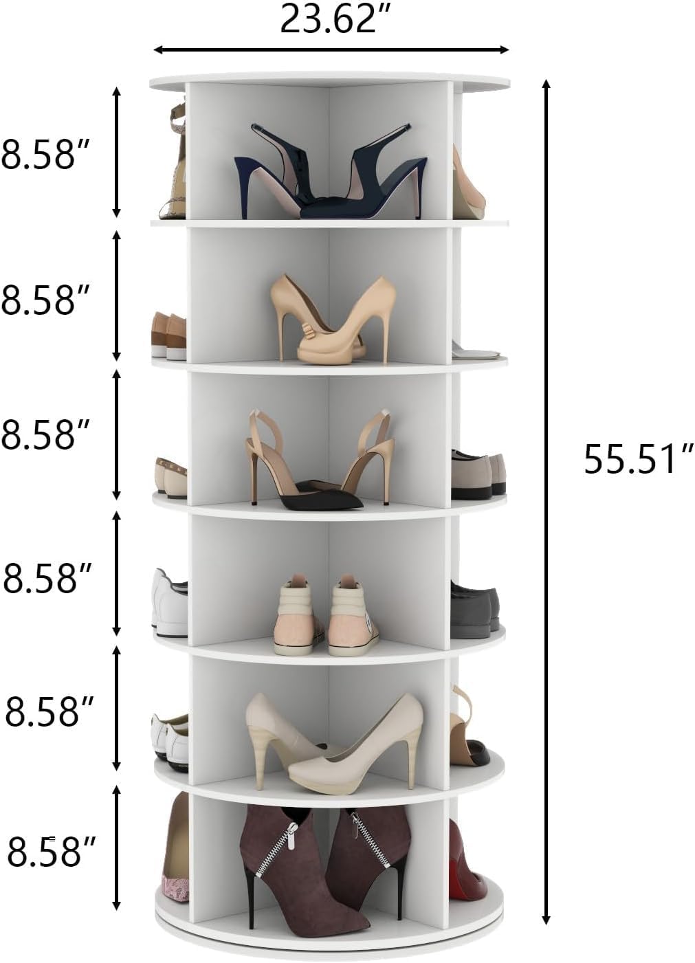 STIKELY 6 Tier Rotating Shoe Rack, 360° Spinning Shoe Rack Tower, Lazy Susan Storage Tower, Free Standing Revolving Shoe Organizer for Entryway, Living Room, Bedroom, Hallway (White)