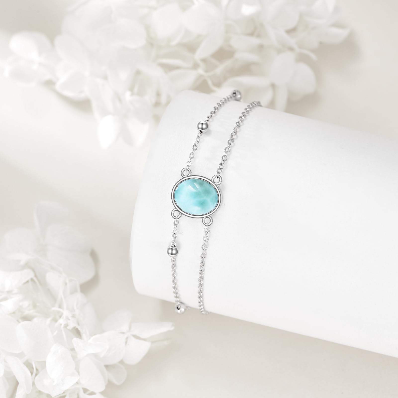 POPLYKE Pulsera de larimar/labradorita/ópalo/peridoto/lapislázuli/ágata musgo/ónix negro para mujer, plata de ley, lágrima/ovalada, joyería de larimar para mujer, Medio, Plata de ley, Sin piedra