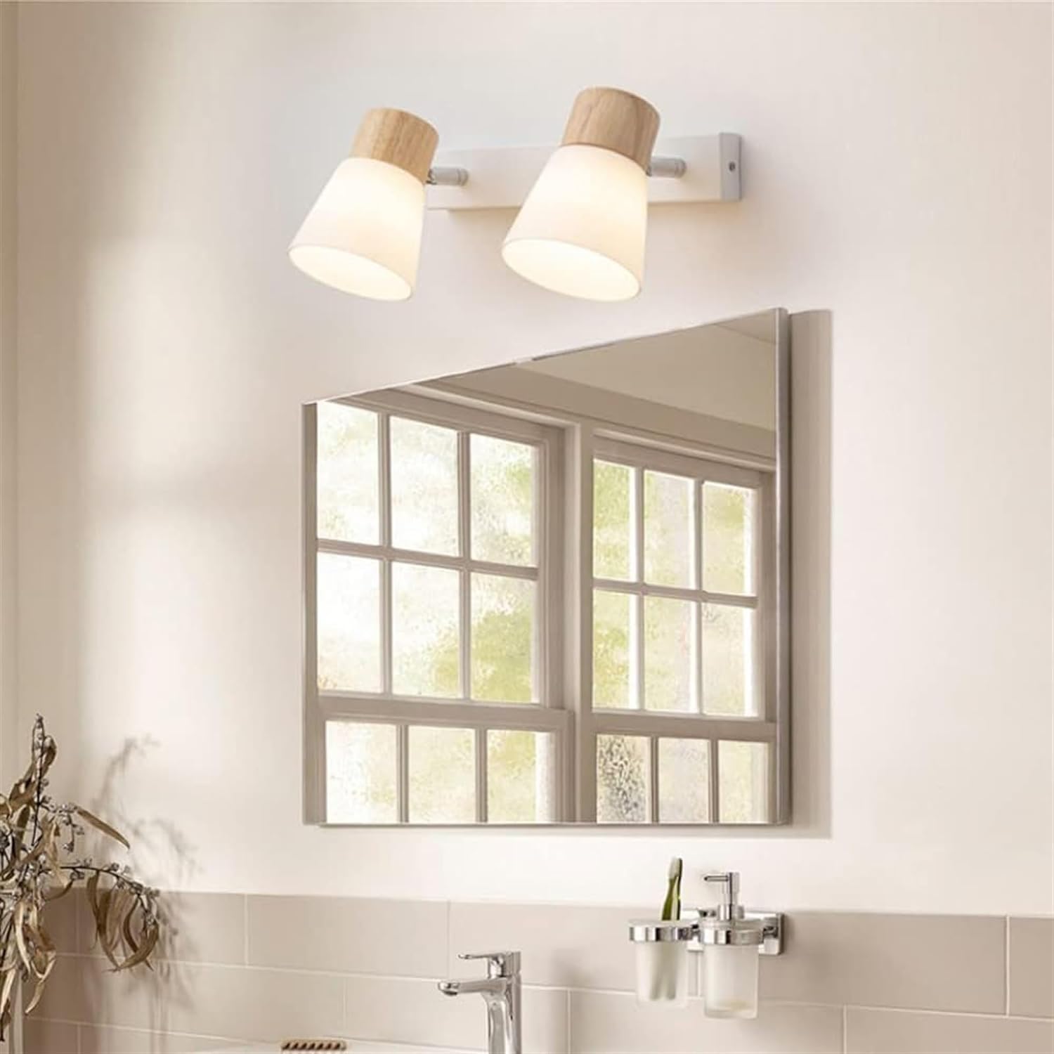 Lámpara de tocador rural de madera, 2 luces, accesorio de iluminación para baño, tocador de vidrio, montaje en pared, aplique de pared para maquillaje, lámpara frontal de espejo E27 para tocad