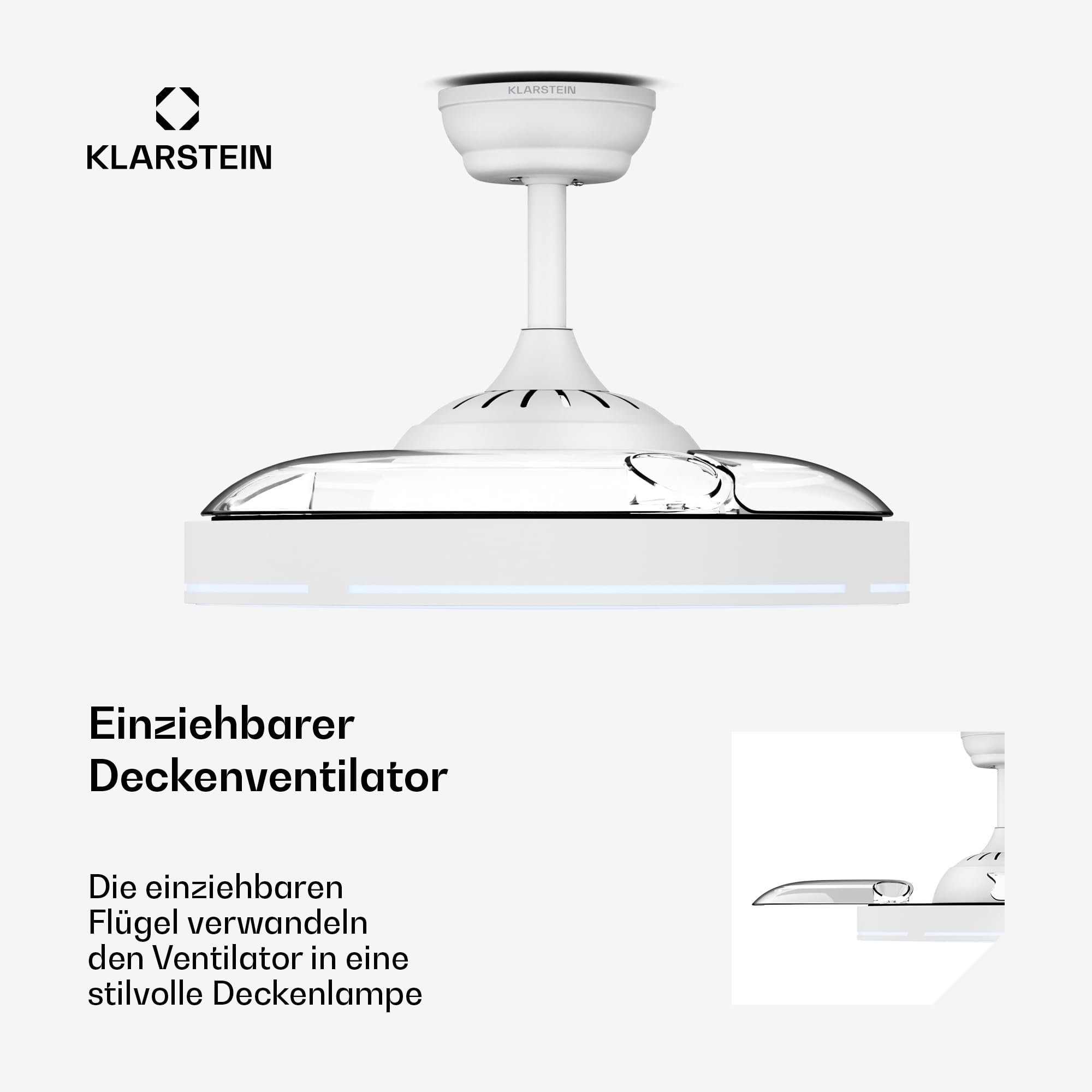 Klarstein AirFold Deckenventilator Mit Beleuchtung – Smart App Steuerung, Einziehbare Flügel, Dimmbares LED-Licht, Fernbedienung, Leise, 107cm, Weiß