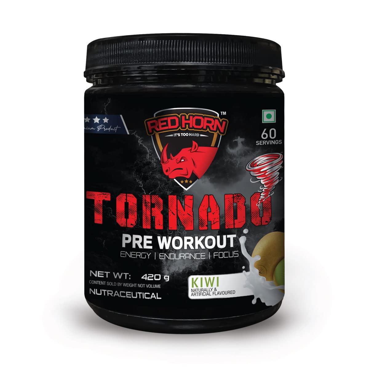 Red Horn Tornado Pre Workout Supplement Powder | 60 Servings, Kiwi (420g) | Beta Alanine, Taurine, Citrulline & Organic Caffeine for Energy, Focus, Performance, Strength & Stamina