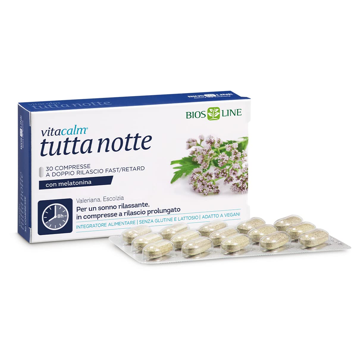 BIOS LINE VitaCalm Tutta Notte, Integratore per Dormire con Melatonina, Integratore Rilassante a Doppio Rilascio per Favorire il Rilassamento Sonno Tranquillo, 30 compresse