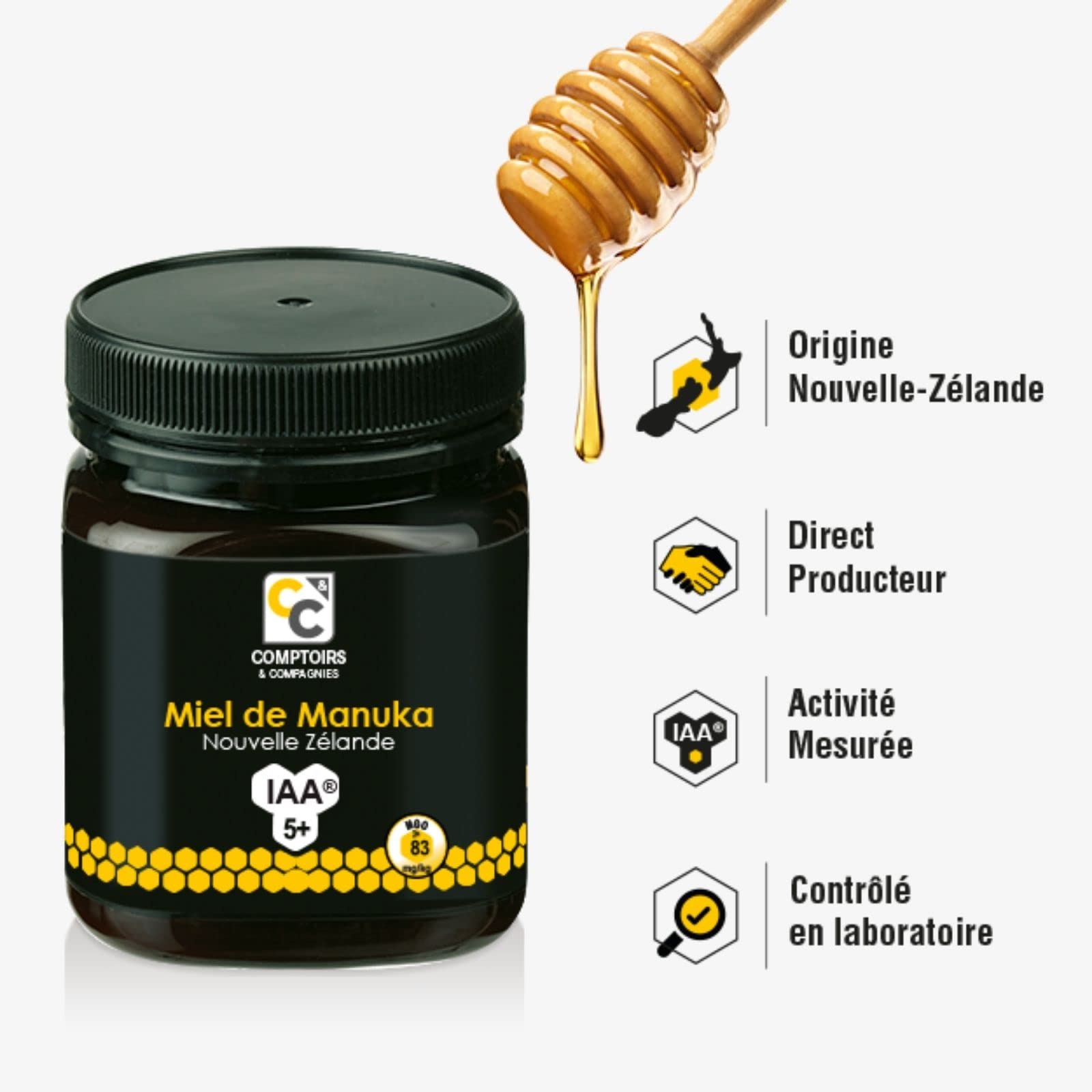 COMPTOIRS ET COMPAGNIES - Miel de Manuka Actif - IAA5+ (MGO83+) - Origine Nouvelle Zélande - 250g