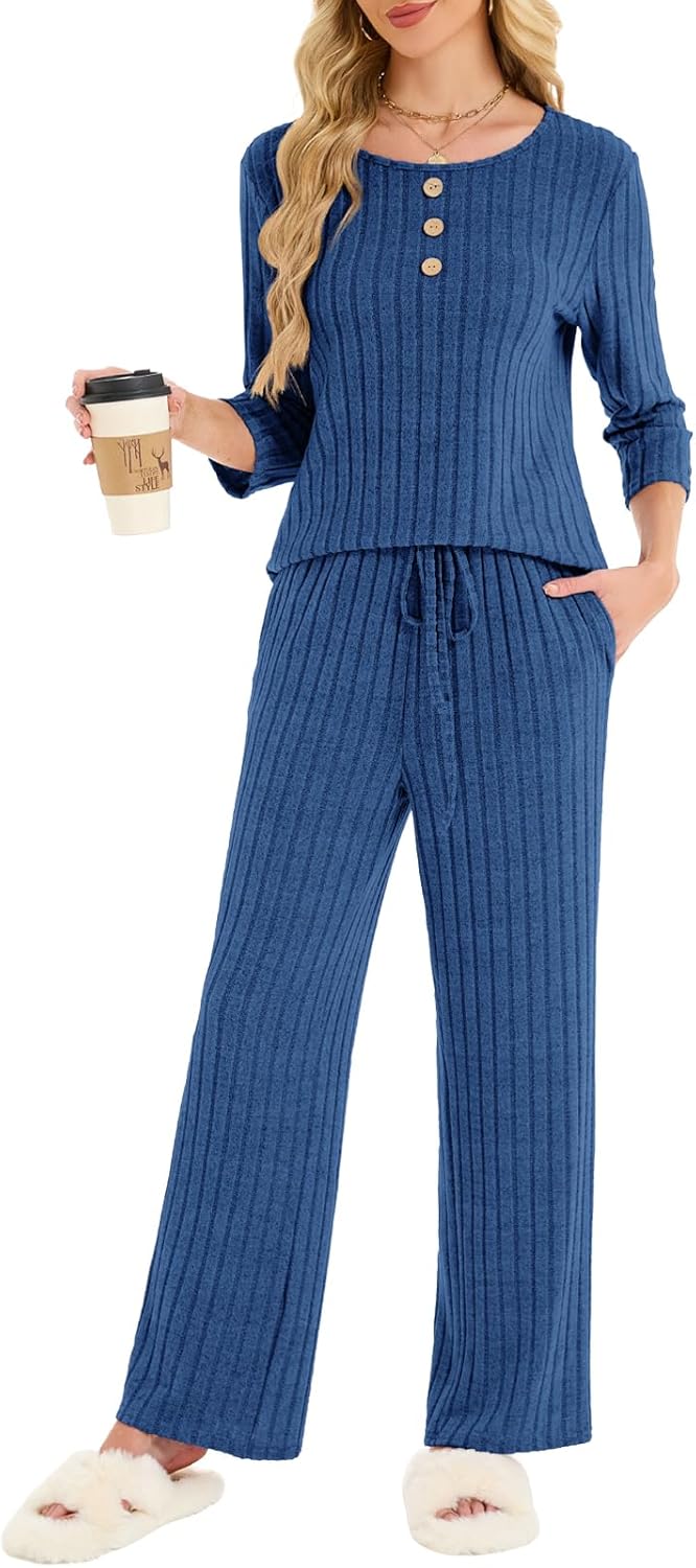 VUTRU Women 2 Piece Pant Set Matching Sweater Lounge Outfits Fall Pajamas 3/4 Sleeve Comfy Travel Airport Casual Clothes