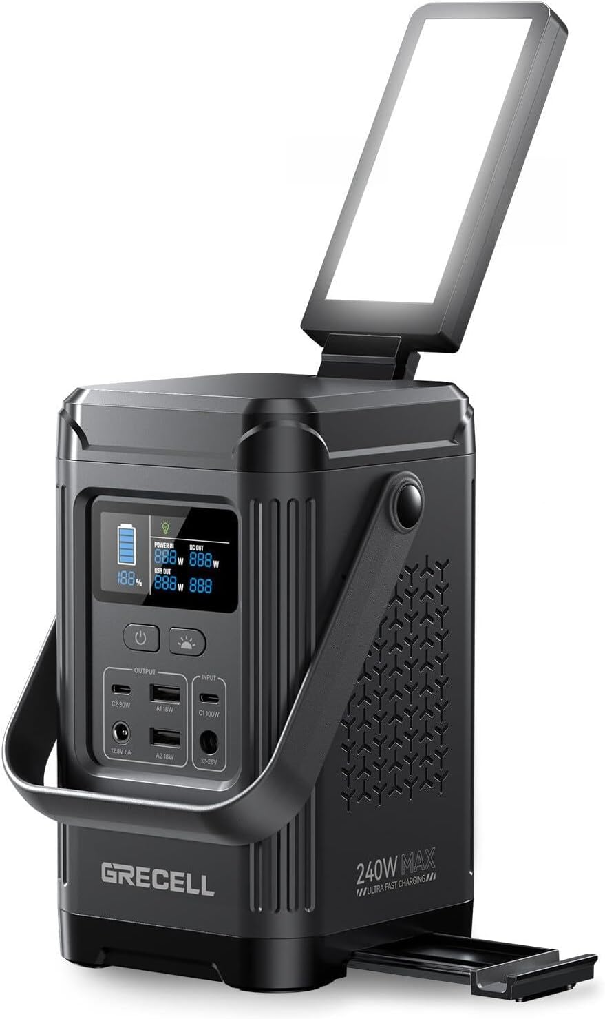 GRECELL LiFePO4 Portable Power Station 240W (153.6WH), 100W PD Dual Battery, Portable Power Bank with Built-in Stand for Outdoor, Camping, Travel(No Wall Charger
