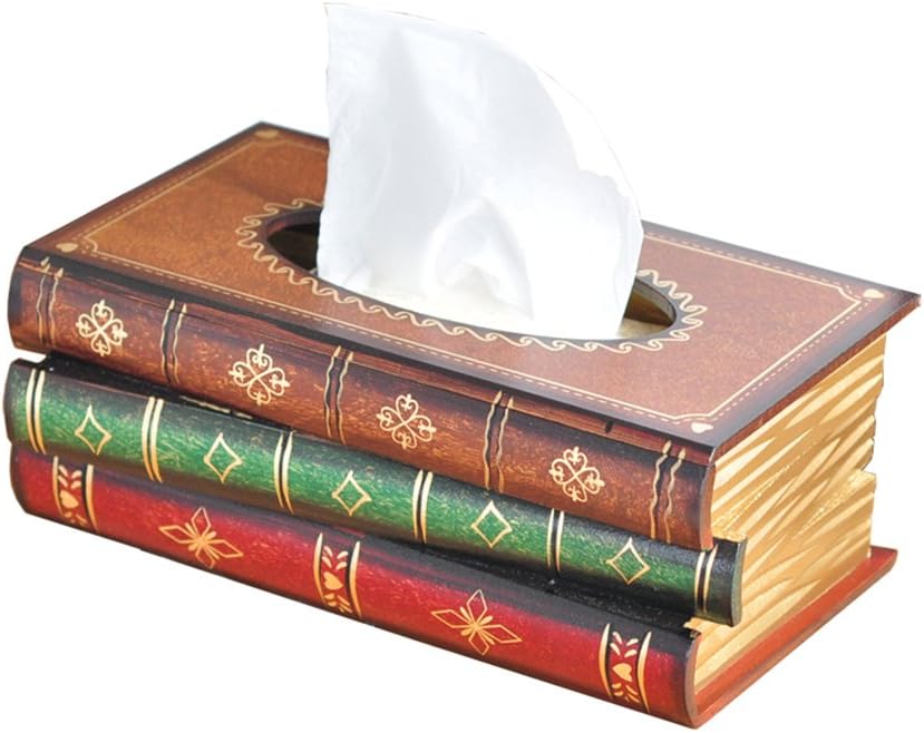 FOUNDOVE Scholar's Antique Book Design,Elegant Hand Crafted Wood Bathroom Facial Tissue Dispenser Box Cover / Novelty Napkin Holder/Wooden Rectangular Paper Cover Case (Brown)