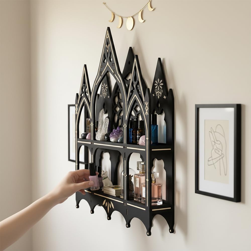 Gothic Trinket Shelf, Wall Shelf for Bedroom, Black Floating Shelves Gothic Witchy Home Decor Aesthetic Wall Goth Room Decor Decorative Crystal Display Shelves Vintage Gift