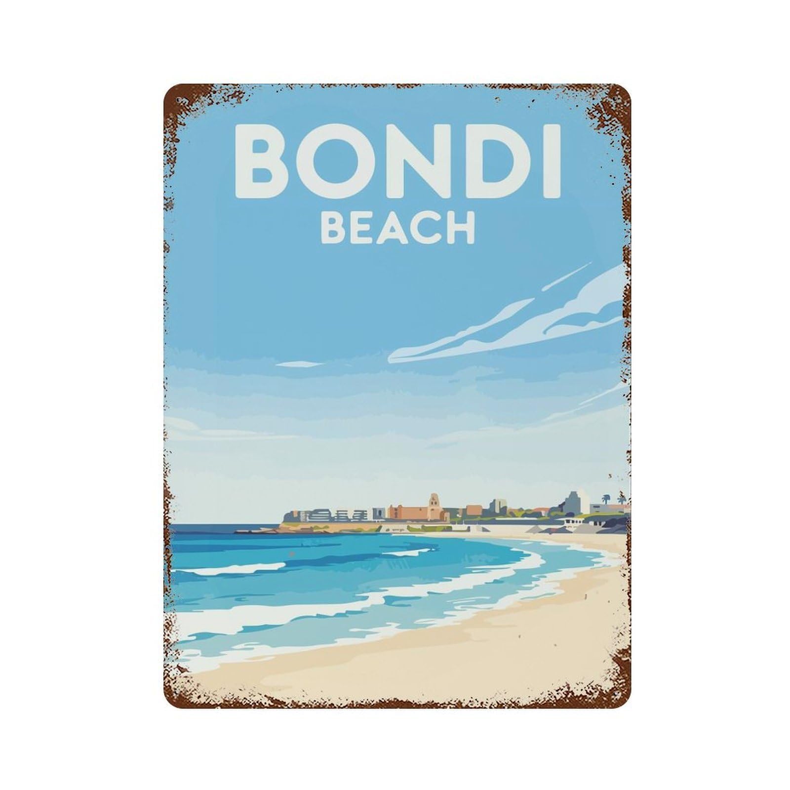 Bondi Beach Illustration Rust Effect Tin Sign 15.7"x11.8", Industrial Home Decor for Garage, Bar And Workshop Decor
