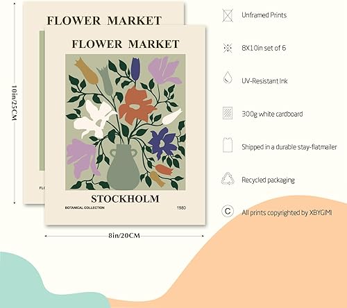 Miniatura 2 de XBYGIMI Juego de 6 pósteres de mercado de flores verde salvia, impresiones abstractas de mercado de flores para decoración de pared, arte de pared