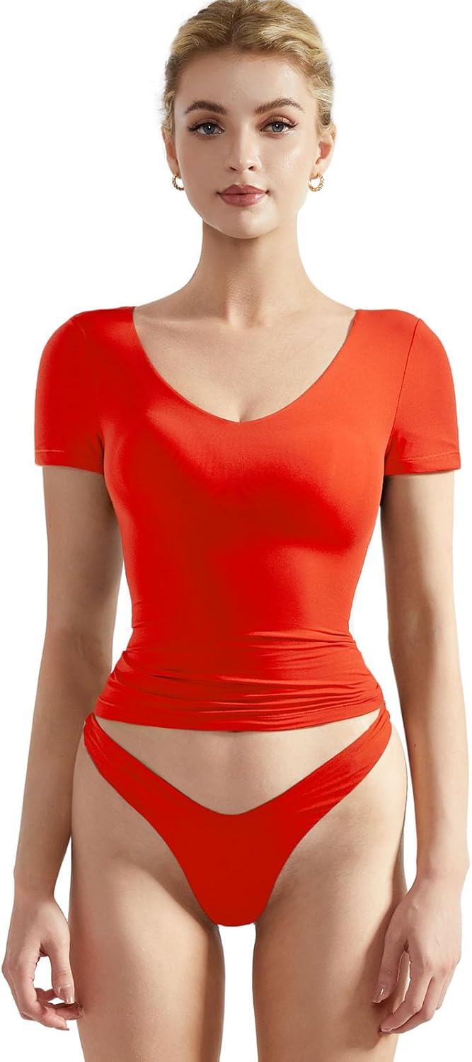 SUUKSESS Women Double Lined Fitted Basic Tee Sexy V Neck Short Sleeve Y2K Crop Top