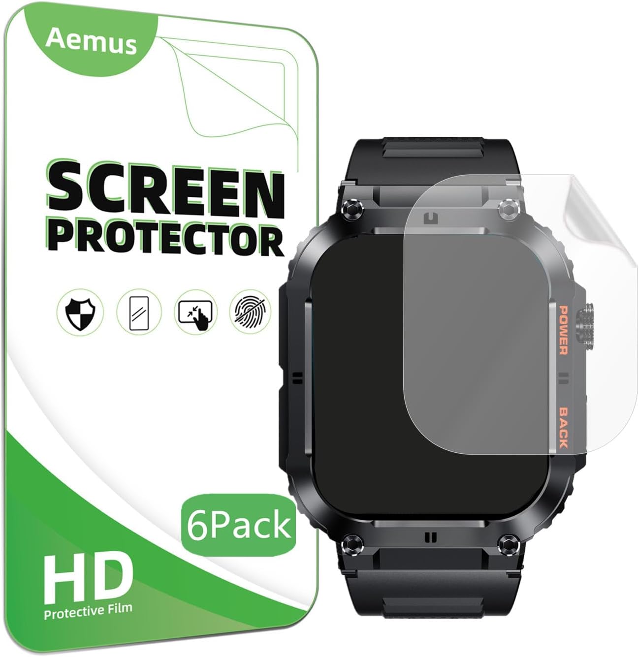 Screen Protector Compatible for Ypaddbu, Hvlgmrc Military Smart Watch 1.96 Inches (6 Pack) PET Clear Film Compatible for JUGEVI, LIGE K57 Pro Smart Watch