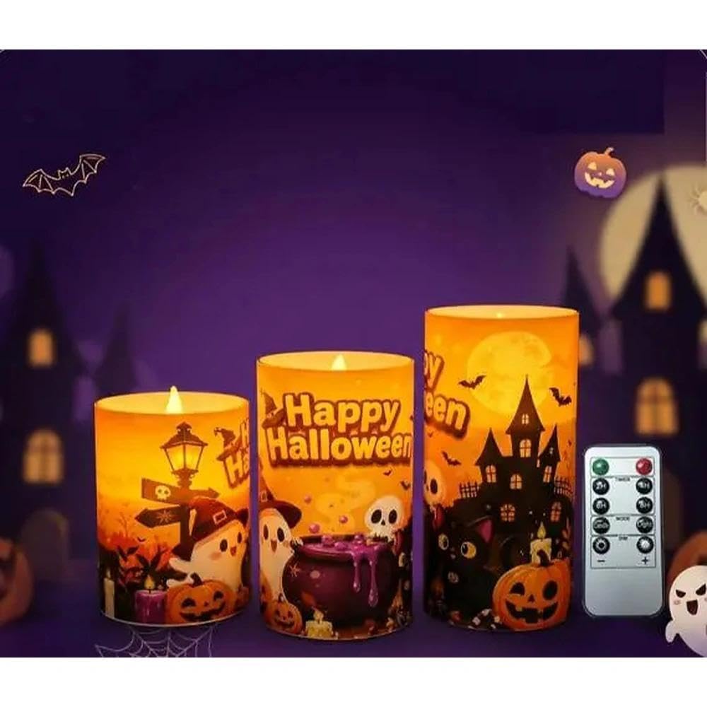 JYUHA 3PCS Rechargeable Electric Candles, Halloween Tea Lights with Remote