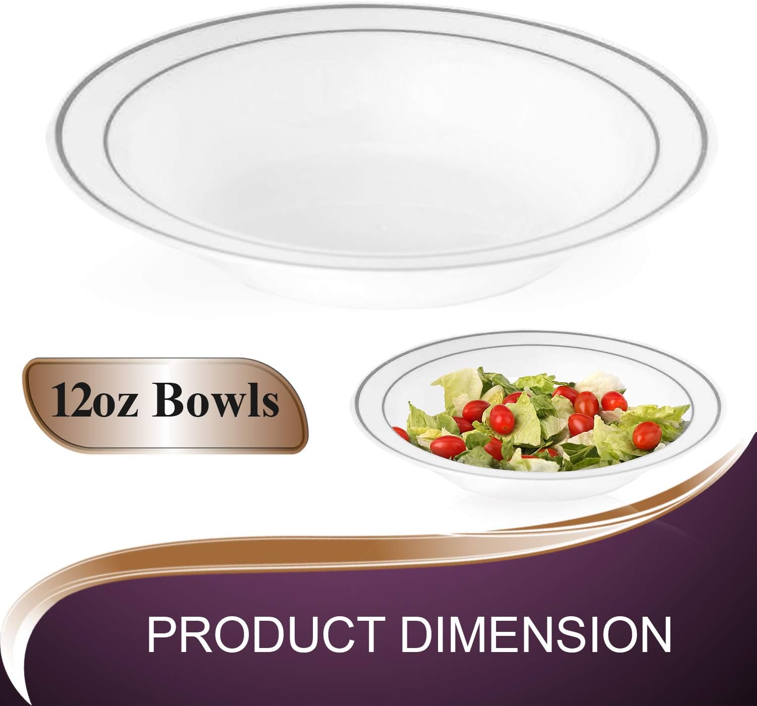 Smarty Had A Party 120 Disposable White Silver Rimmed Plastic Soup Bowls | 12 oz. Premium Heavy Duty Disposable Dinnerware with Real China Design | Safe & Reusable (120-Pack White/Silver Trim)