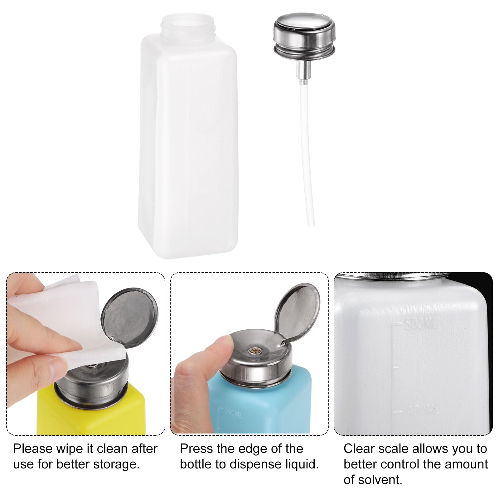 QUARKZMAN 3Pcs Distributeurs de Solvant d'Alcool de 500 ml (16,9 OZ) avec Pompe Poussoir et Bouteille de Scellement en Acier Inoxydable pour Acétone, Nettoyant, Blanc