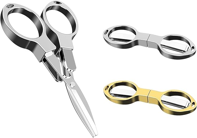 SHULLIN 2 PCS Stainless Steel Scissors Anti-Rust Folding Scissors Glasses-Shaped Mini Shear Folding Safety Small Scissors with Keyring Hole for Households School Office DIY Craft Fishing(Silver Gold)