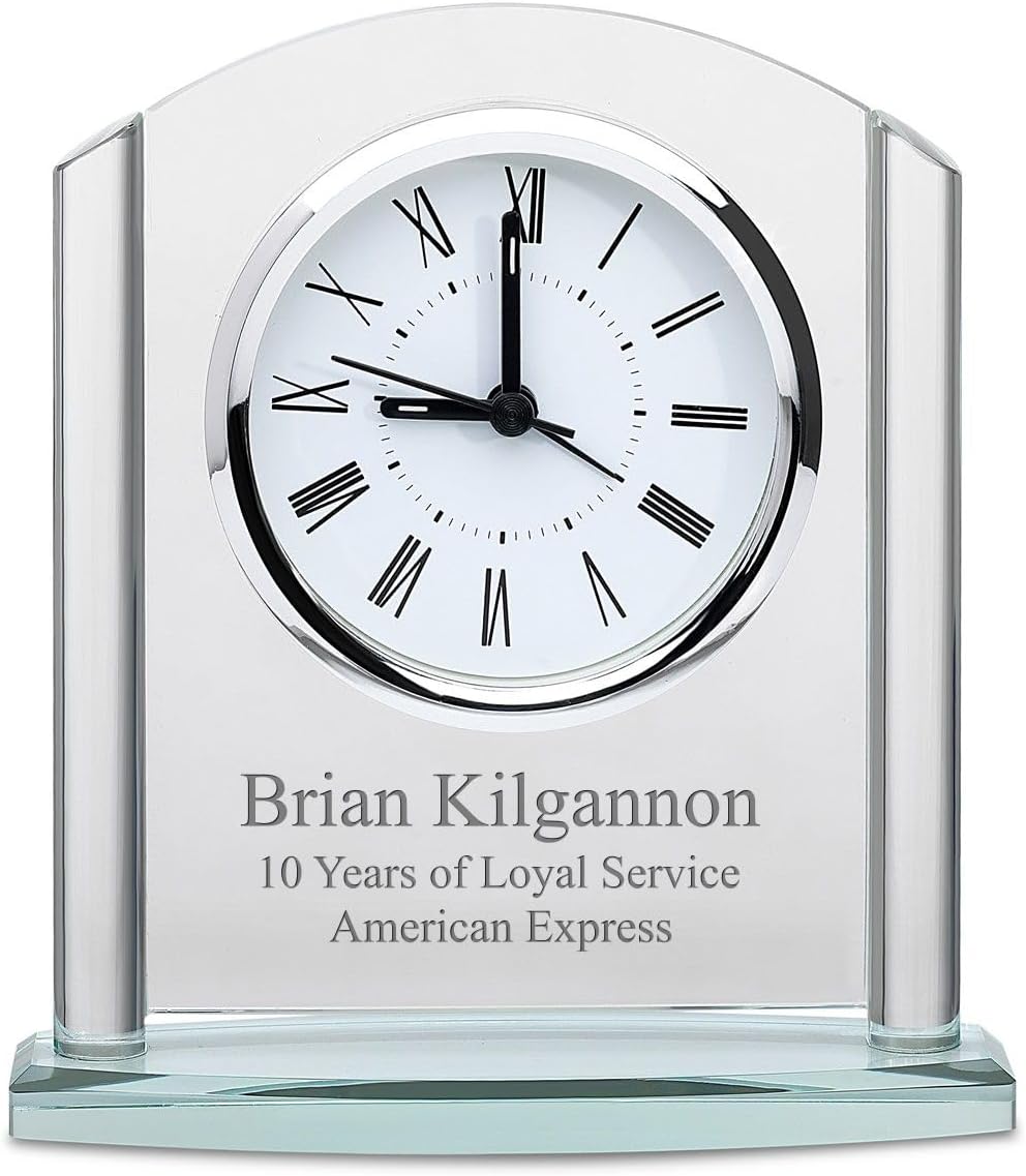 Executive Gift Shoppe | Arched Glass Personalized Desk Clock with Silver Accents and Custom Engraving