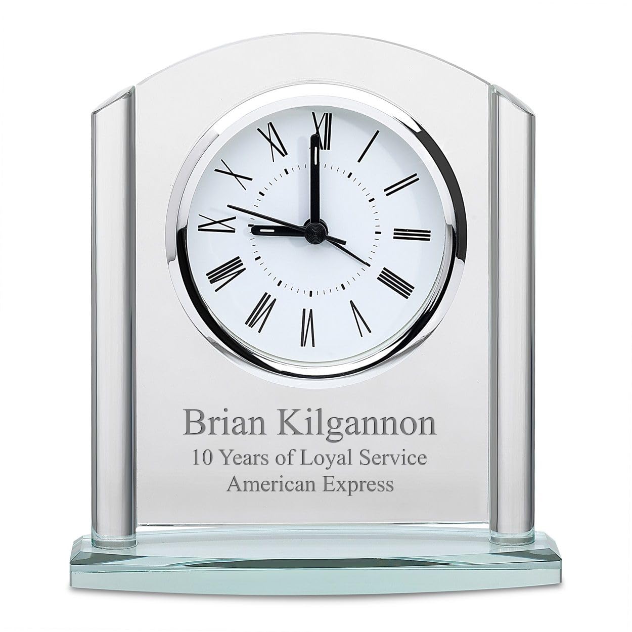 Executive Gift Shoppe | Arched Glass Personalized Desk Clock with Silver Accents and Custom Engraving