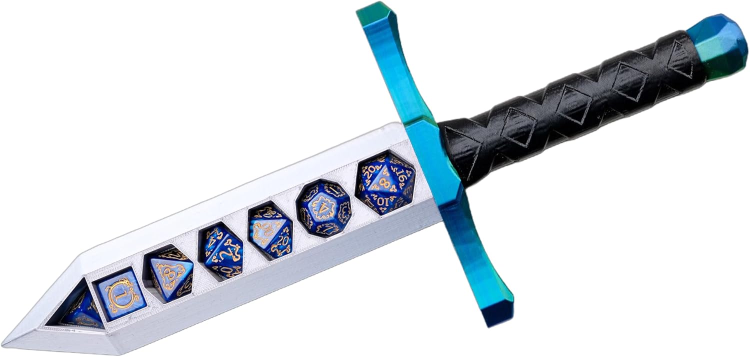 3D BEST-Q Dice Sword Holder (Dragon-Patterned 7PCS D20 Dice Set Included), Custom Polyhedral Dice Storage for Tabletop RPG - Dungeons and Dragons - DND - D&D (Blue&Green)