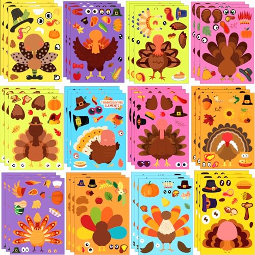 36 Sheets Large Size Make-A-Turkey Stickers, Thanksgiving Crafts for Kids, Make Your Own Turkey Face Stickers DIY Games for Fall Family Classroom Decorations Party Favors Teacher Reward Crafts