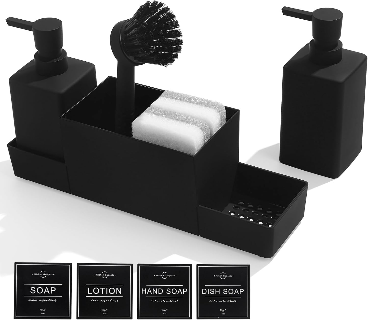 Kitchen Soap Dispenser with Sponge Holder and Brush, Dish Soap and Hand Soap Dispenser for Kitchen Sink (Matte Black, 4 in 1)