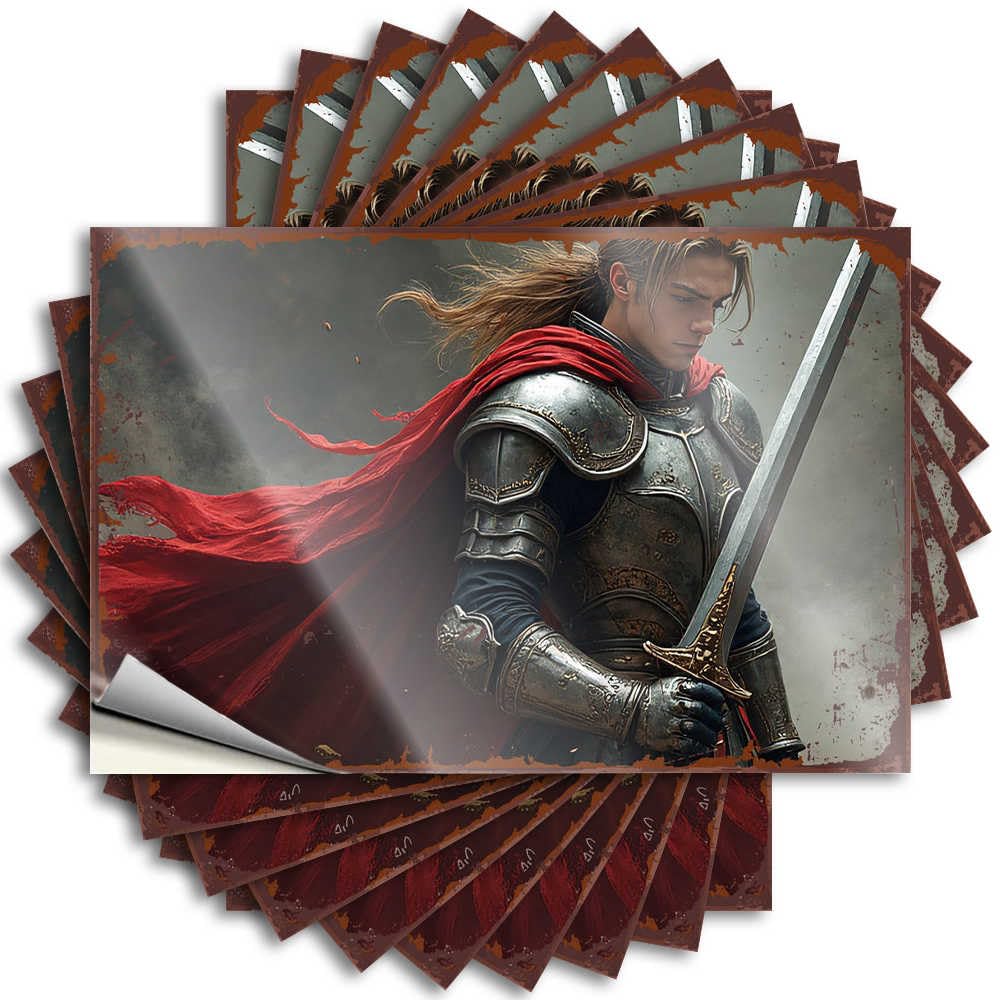 Saying - Crazy Cover Heroic Knight with Red Cloak Holding Sword for Travel Bar Cart Decor(6X9CM)