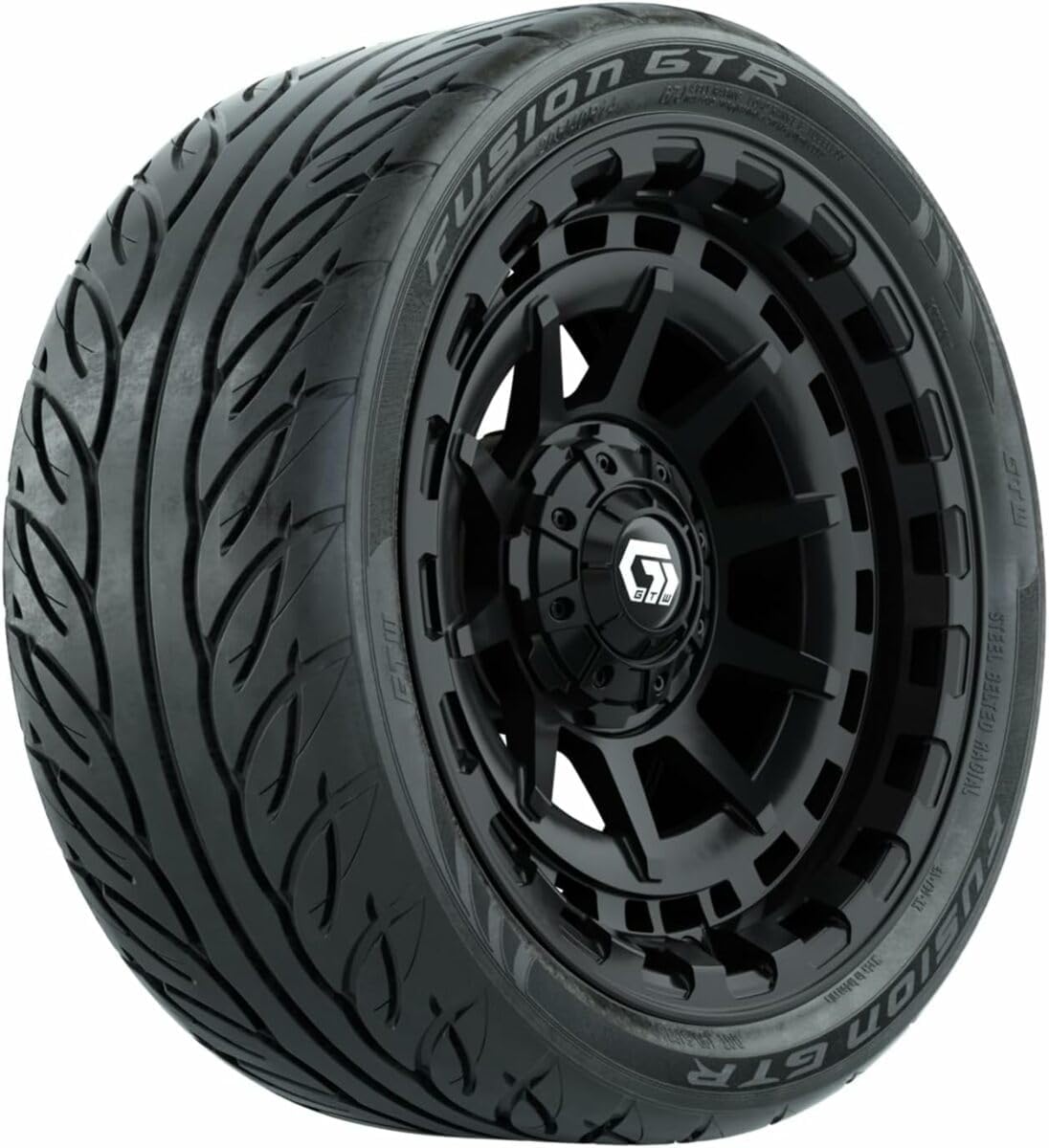 GTW 14 Inch Golf Cart Wheels and Tires Combo | GTW Barricade Gloss Black Wheels on 205/40-R14 (20.5") Fusion GTR Steel Belted Radial Street Tires | Set of 4
