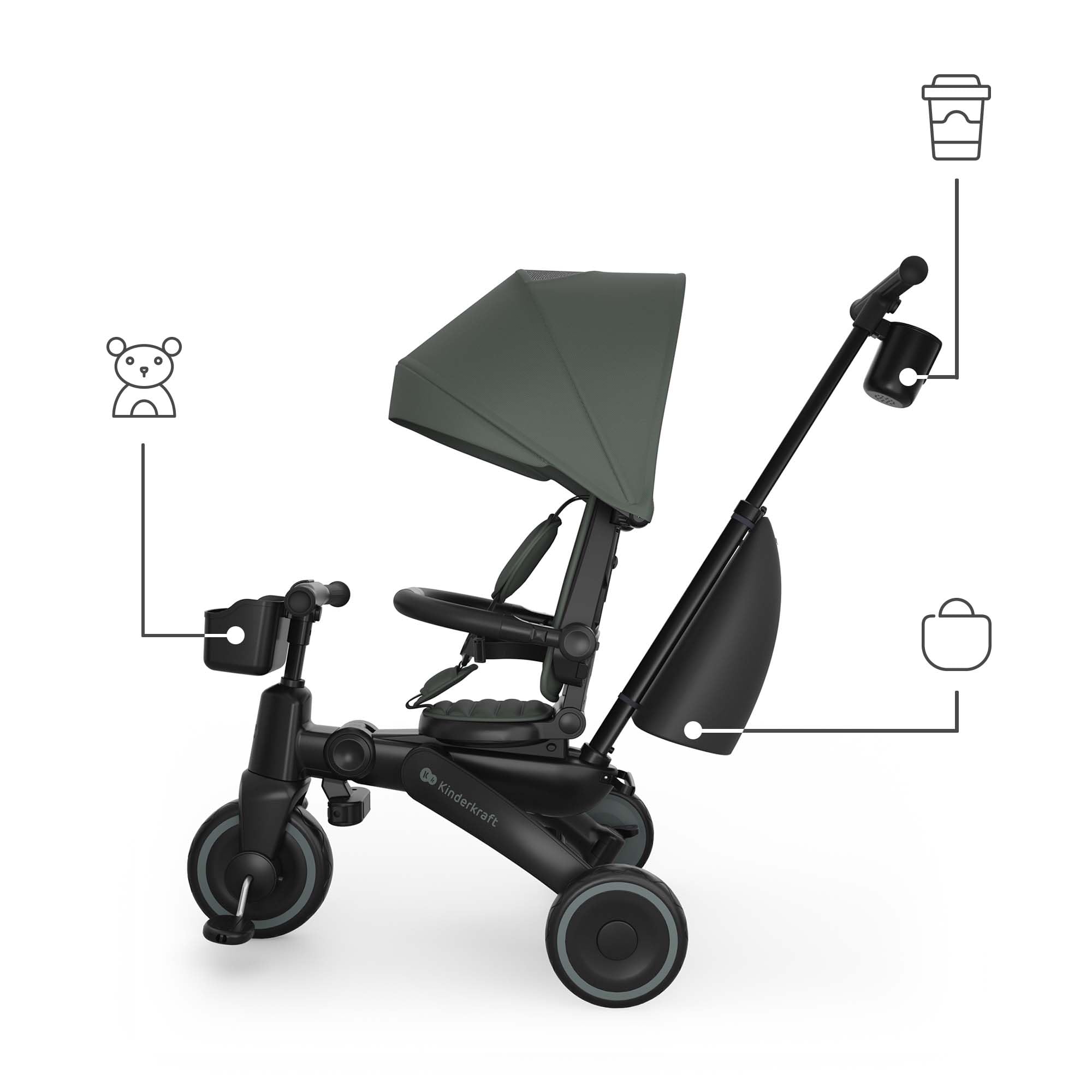 Kinderkraft JAZZ 3 triciclo pieghevole 9 mesi-25 kg, seduta 360°, semi-reclinabile fronte/retro, capotta UPF 50+ impermeabile, ruota libera, chiusura compatta, Verde