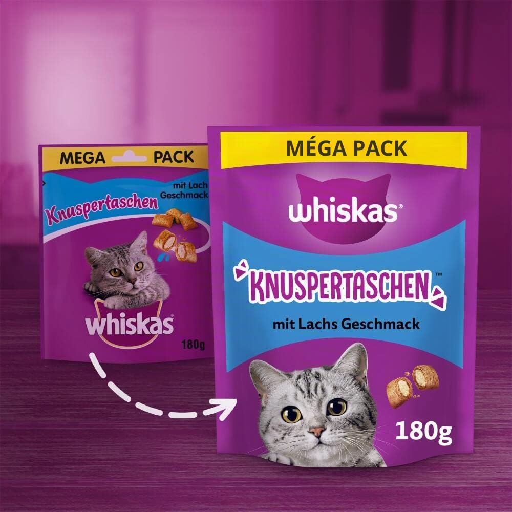 Whiskas Knuspertaschen Lot de 4 Paquets de friandises pour Chat au goût Saumon, 4 x 180 g (4 Paquets) – Différents emballages de Produits Disponibles