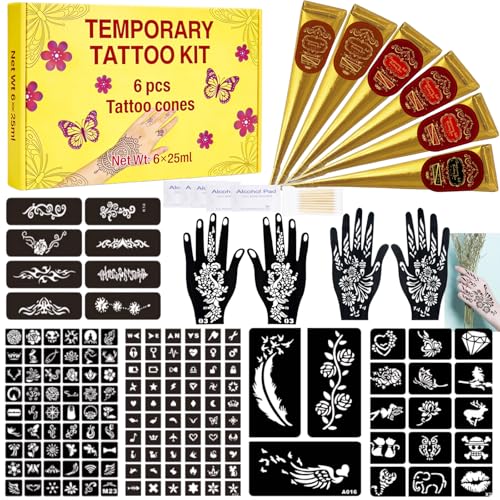 141 PCS Temporary Tattoos Stencils Kit Temporary Tattoos Kit - 6 Pcs 3 Color(Brown Black Cherry Red) Ink with Gloves DIY Body Art Painting for Women Men Adults Kids