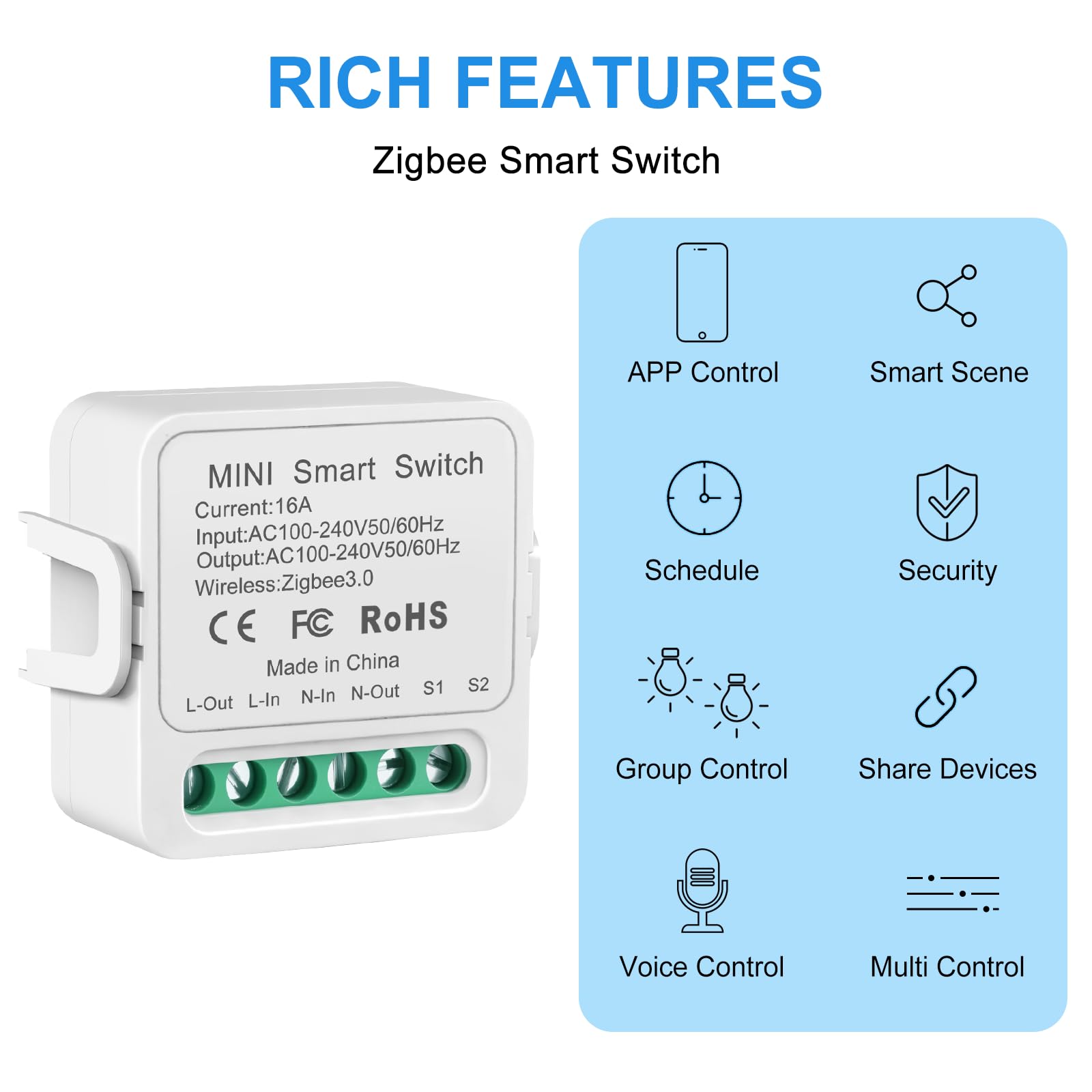 Zigbee Smart Switch, przełącznik światła Alexa, mini inteligentny włącznik światła, sterowanie głosem za pomocą Alexa i Google Home, wymagany przewód neutralny