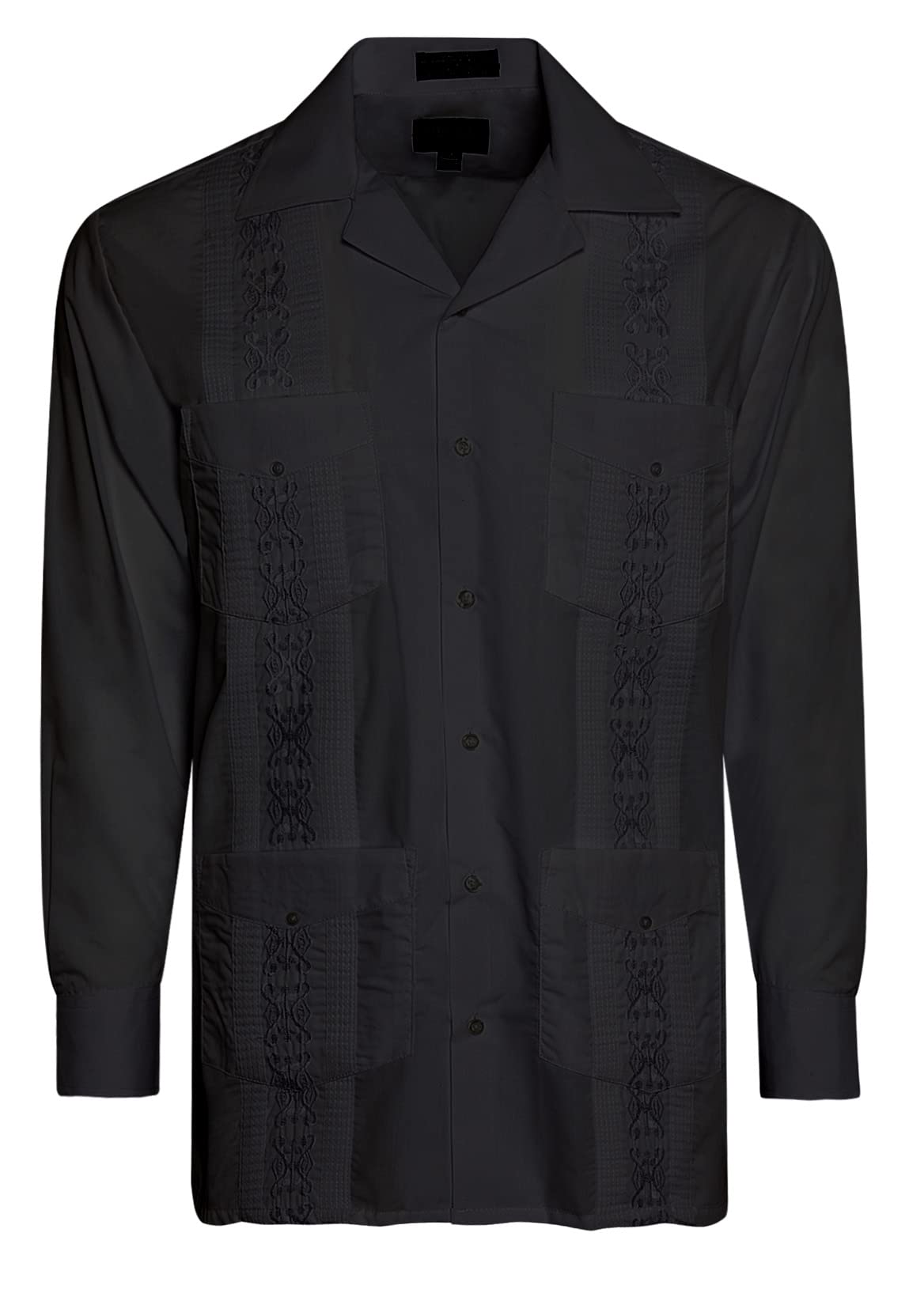 Omegatux Men's Black Cuban Guayabera Long Sleeve Shirts Wedding Cigar Beach Bartender Casual, Xxl
