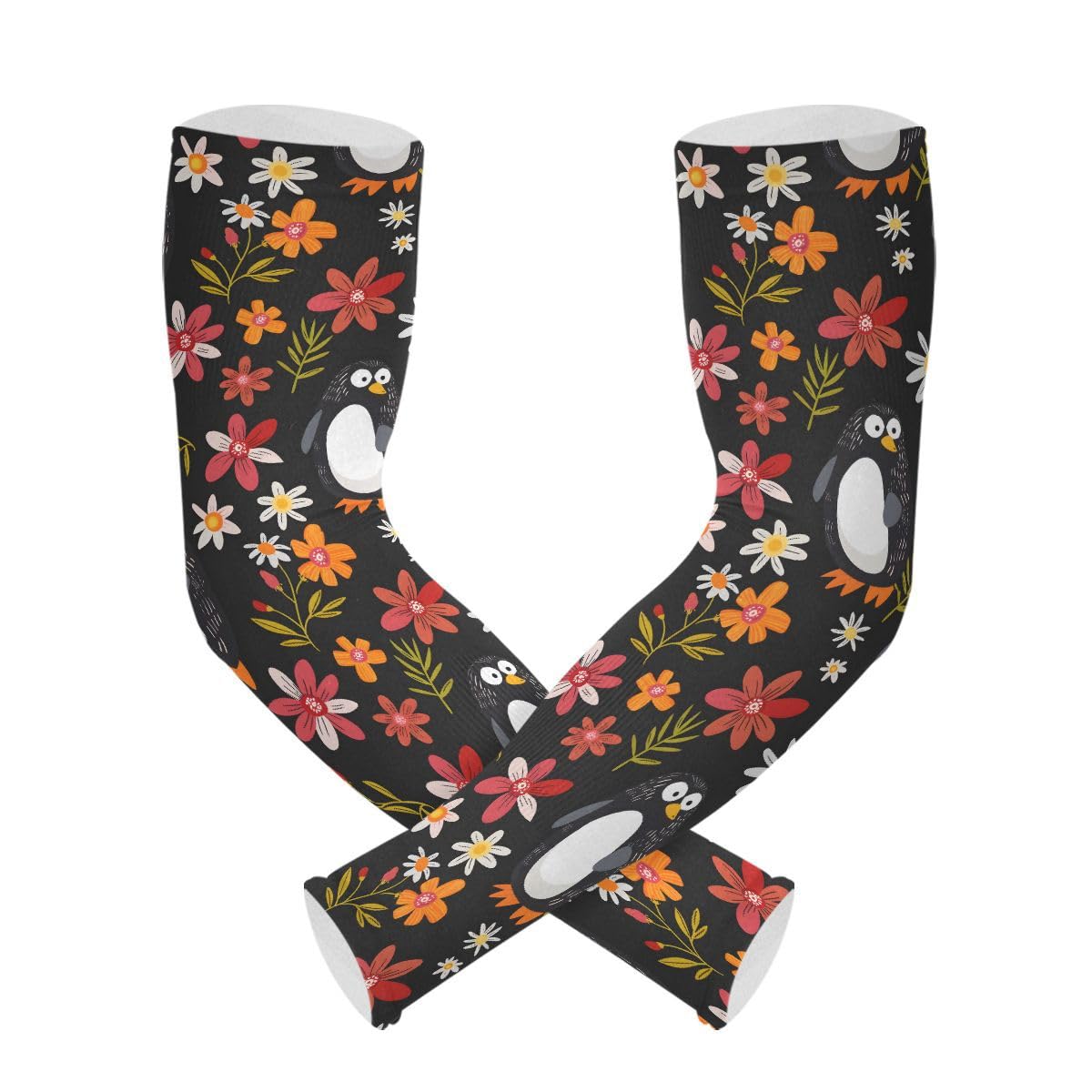 ALAZA Cartoon Penguin Black Gardening Sleeves Cooling Arm Sleeves Sun Protection Thumb Hole Arm Covers for Women Men