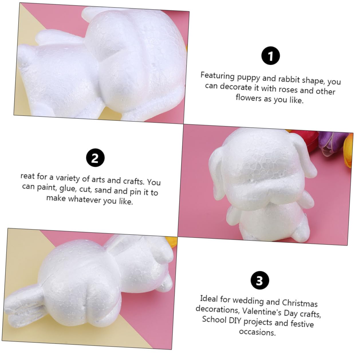 jojofuny 3 Set Modello Vuoto in Schiuma Polistirolo Piccoli Animali Coniglio Creativo Decorazione Natale Cucciolo Fai da Te Decorazione per Feste di Nozze Bianca 2 Pezzi*3