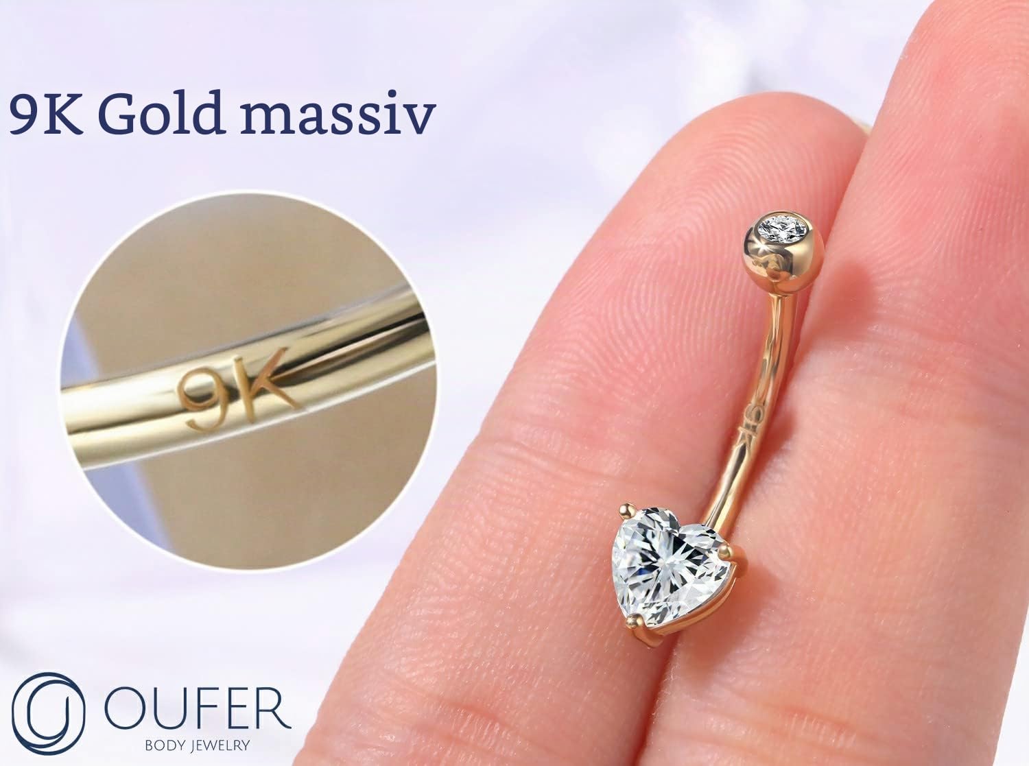OUFER Body Piercing Internally Thread Bauchnabelpiercing 9K Solid Gold Belly Piercing Heart Cubic Zirconia Bananabells Körperschmuck Piercing Bauchnabelpiercing nabelpiercing 10mm 12mm 14mm 16mm