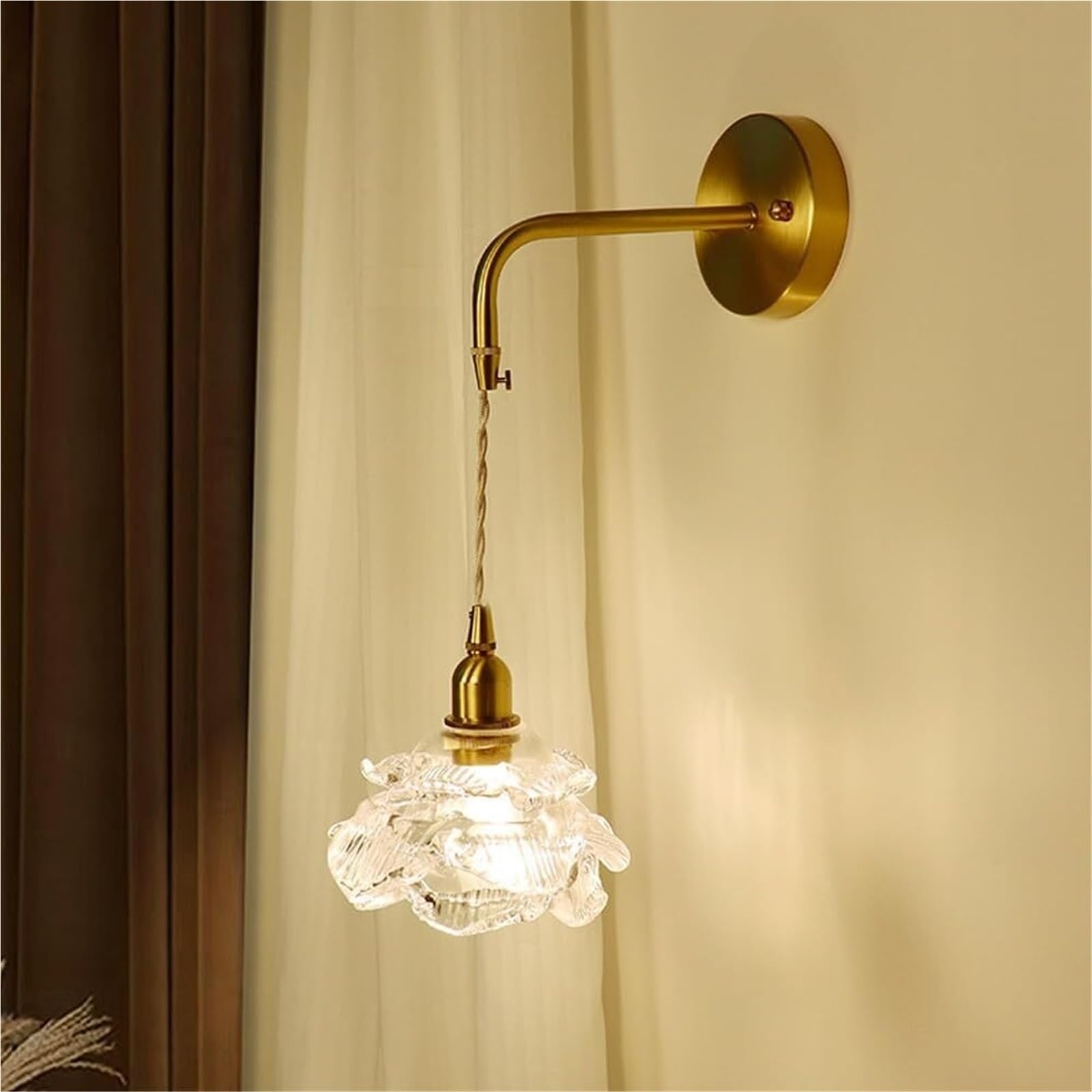 HPTHLY Rose Glass Flower Wall Sconce Vintage Gold Indoor Antique Wall Light Frosted Clear Milk Glass Nordic Hanging Wall Lamp For Living Room Farmhouse Bedroom Kids B(Clear Glass)