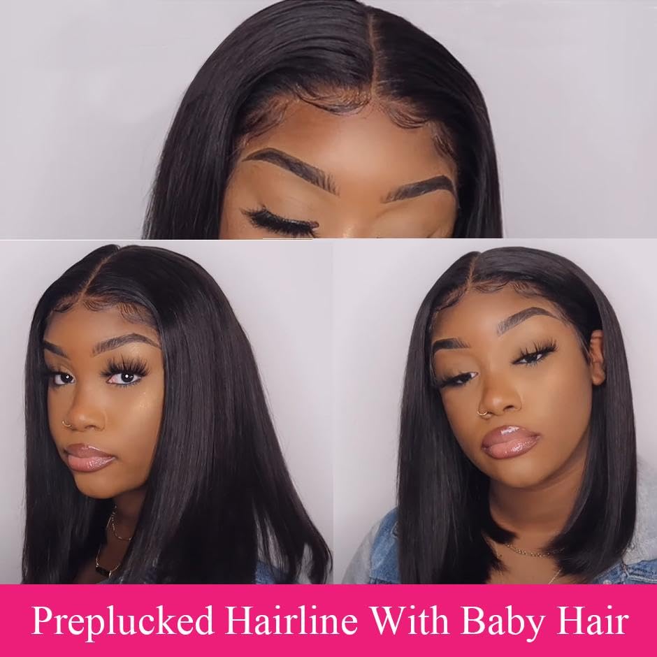 Miniatura 5 de SUPSYOUSF Peluca de cabello humano de 16 pulgadas con encaje frontal, cabello virgen brasileño, lacio, color natural, sin pegamento, estilo corto en