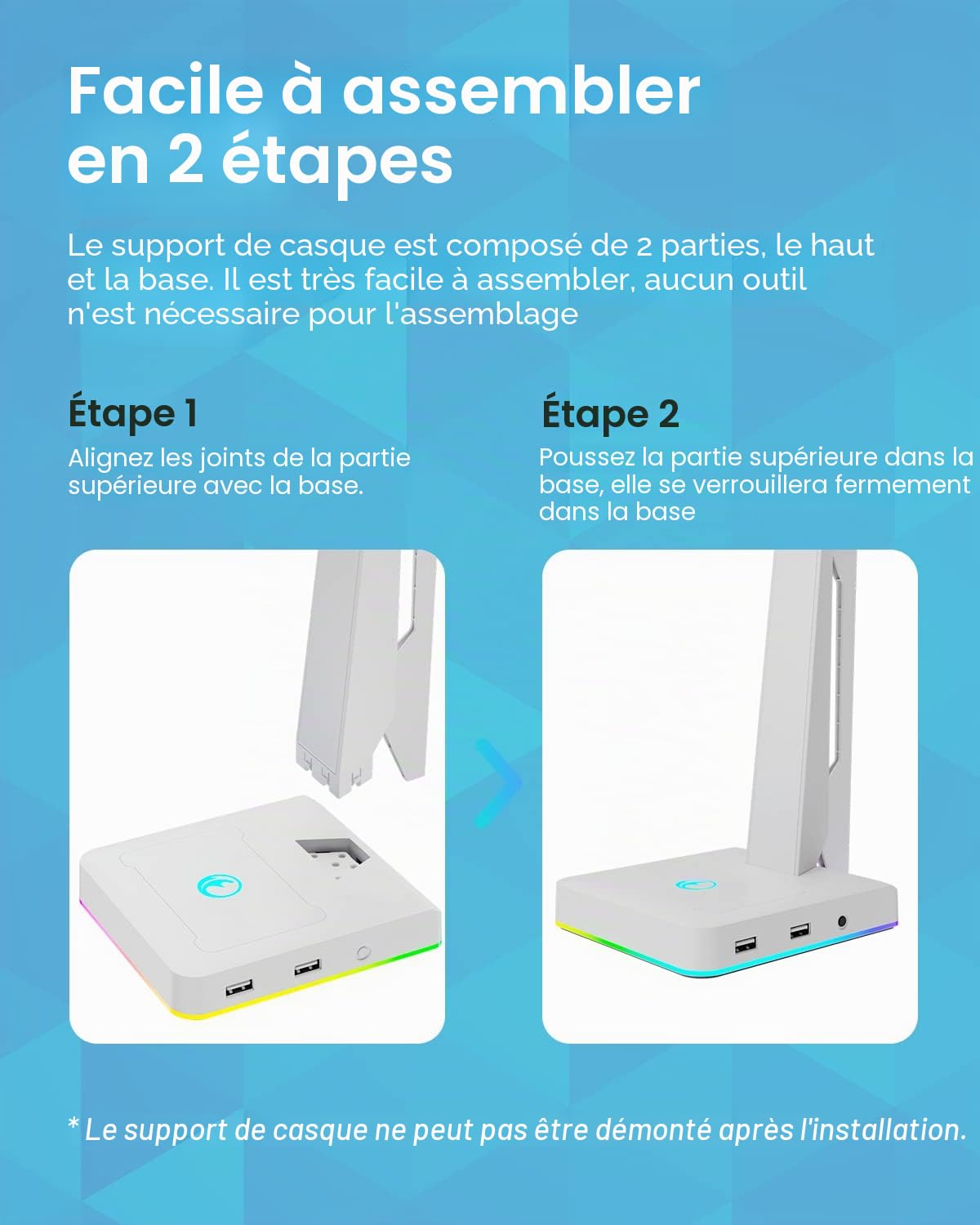 Support de casque de jeu RVB avec 2 ports USB, support de casque de jeu pour PC, Xbox One, PS4, commutateur, support pour écouteurs, idéal pour les stations de jeu, accessoires de bureau