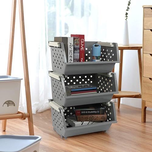 Miniatura 5 de Contenedores de almacenamiento apilables de plástico, cesta apilable multifuncional, gris, paquete de 3