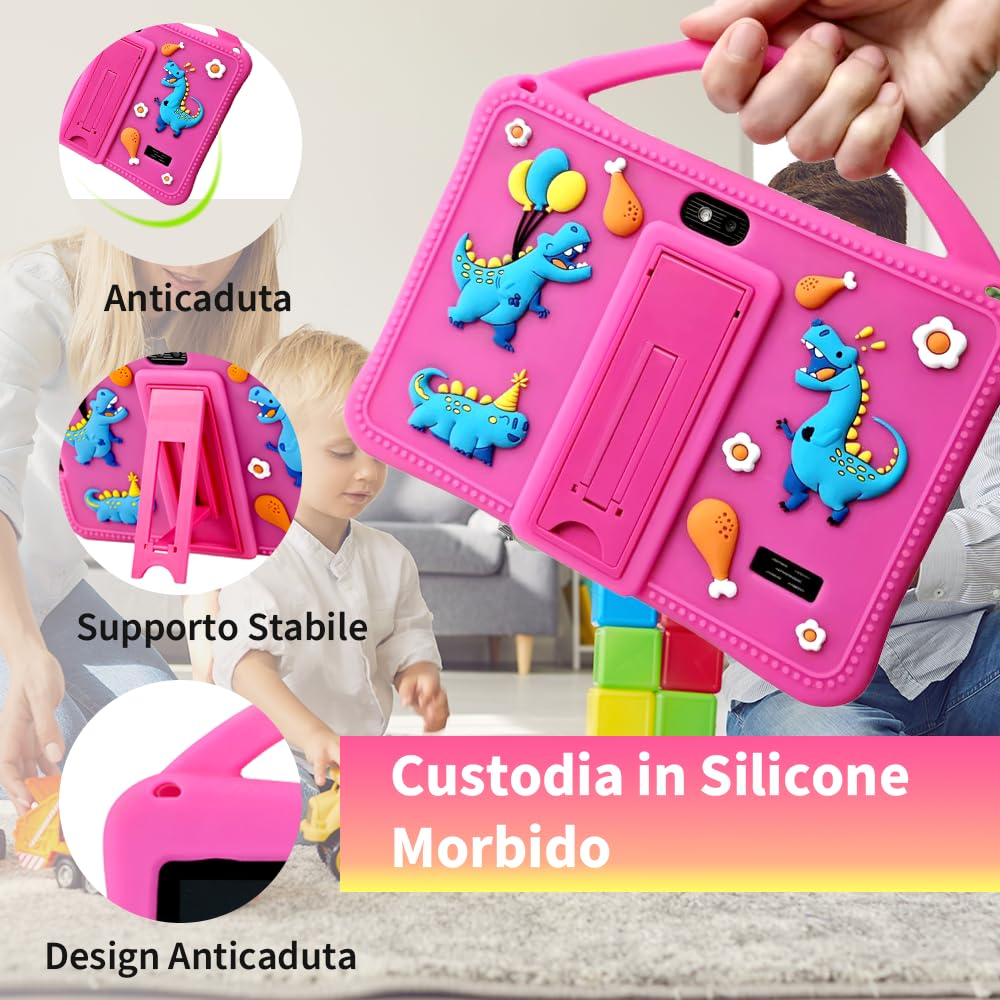 Veidoo Tablet 7" Bambini, 2 GB RAM, 32 GB ROM, App iWawa, Controllo Genitori, Schermo Protezione Oculare, Giochi Educativi, WiFi, Doppia Camera, Custodia Silicone (Rosa)