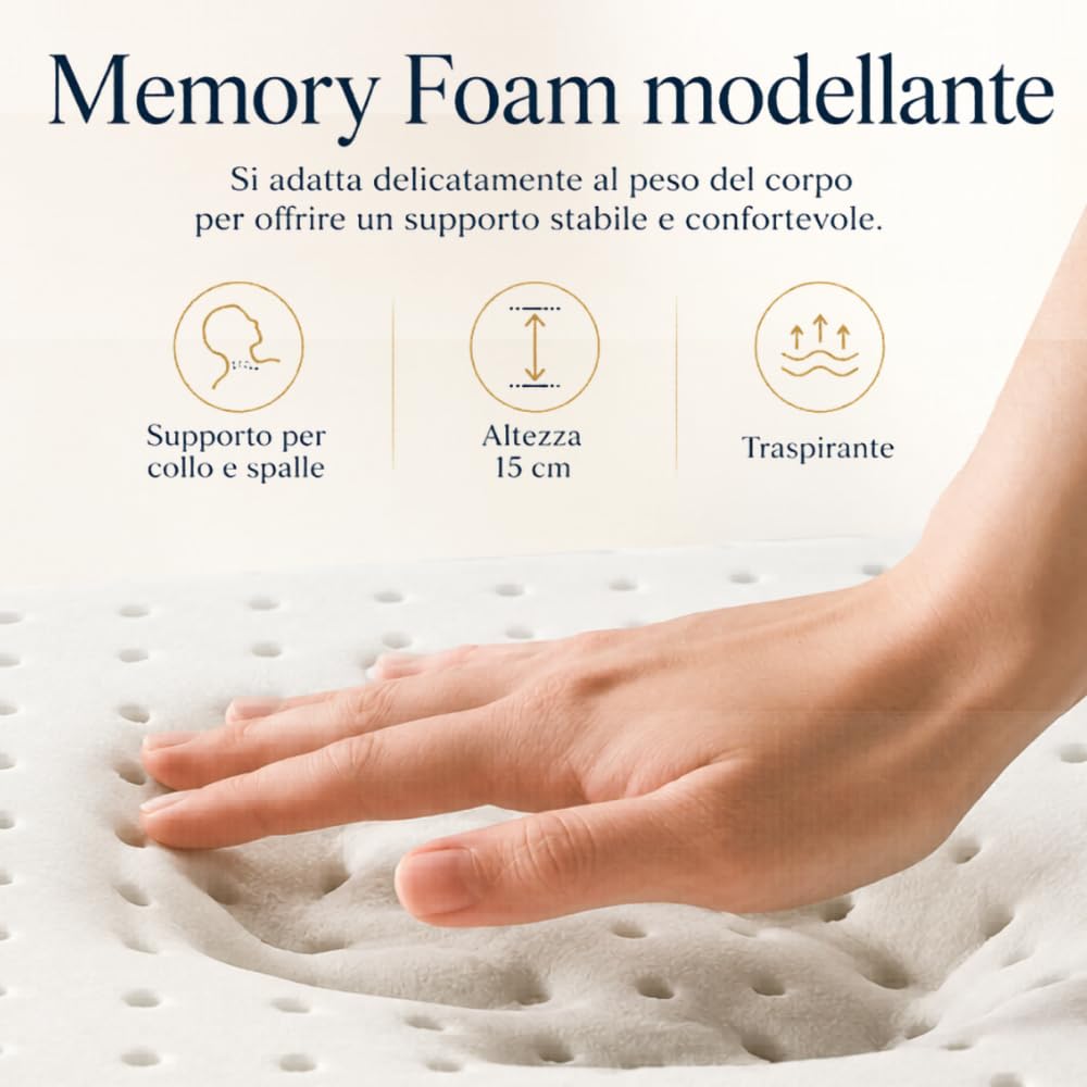 DREAM HAVEN Coussin de 15 cm de haut, coussin à mémoire de forme, perforé avec taie d'oxygène, respirant, anti-acariens, anti-rides et hypoallergénique, coussin de lit ergonomique fabriqué en Italie