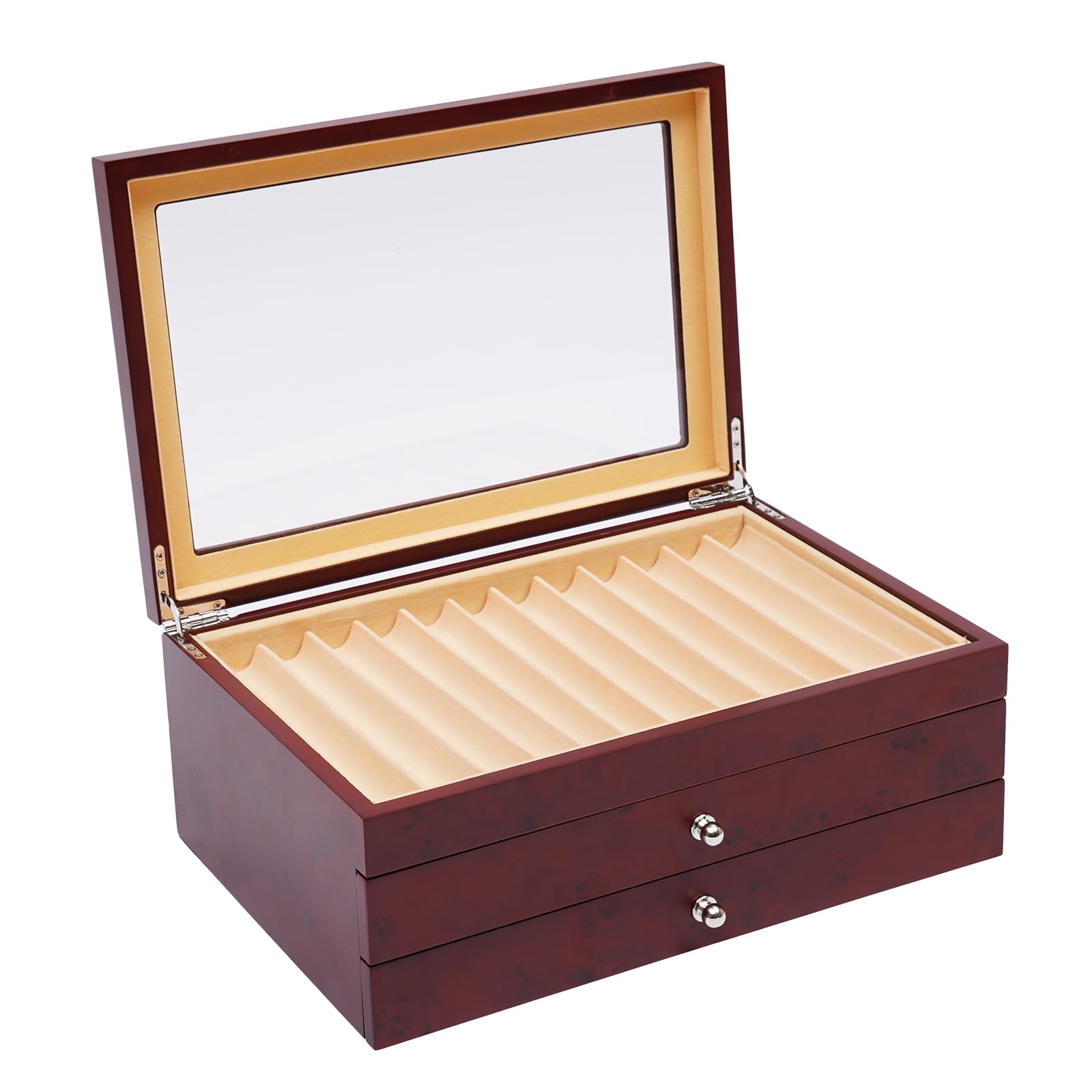 Caja de lujo para bolígrafos con vitrina, espacio para 34 instrumentos de escritura, caja para pluma estilográfica con 2 cajones, organizador de cajas de madera (rojo)